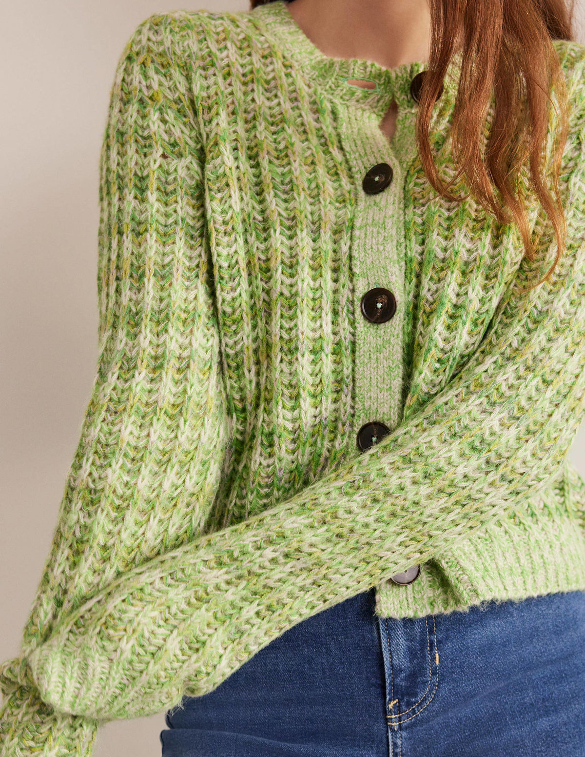 Flauschiger Cardigan mit breiten Rippbündchen-Grün Meliert - Image 2