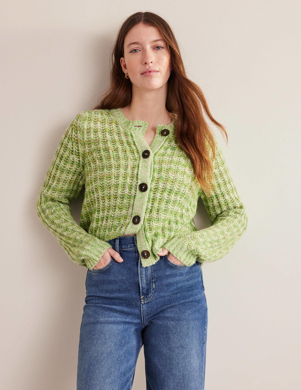 Flauschiger Cardigan mit breiten Rippbündchen-Grün Meliert-5