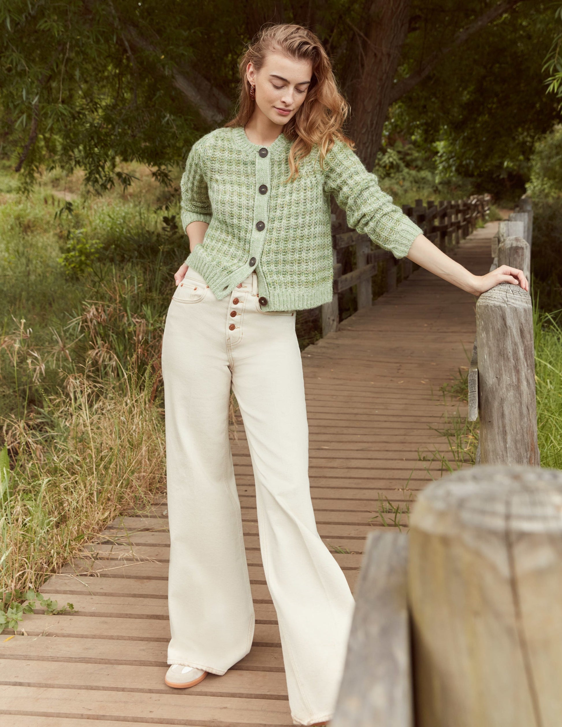 Flauschiger Cardigan mit breiten Rippbündchen-Grün Meliert-6
