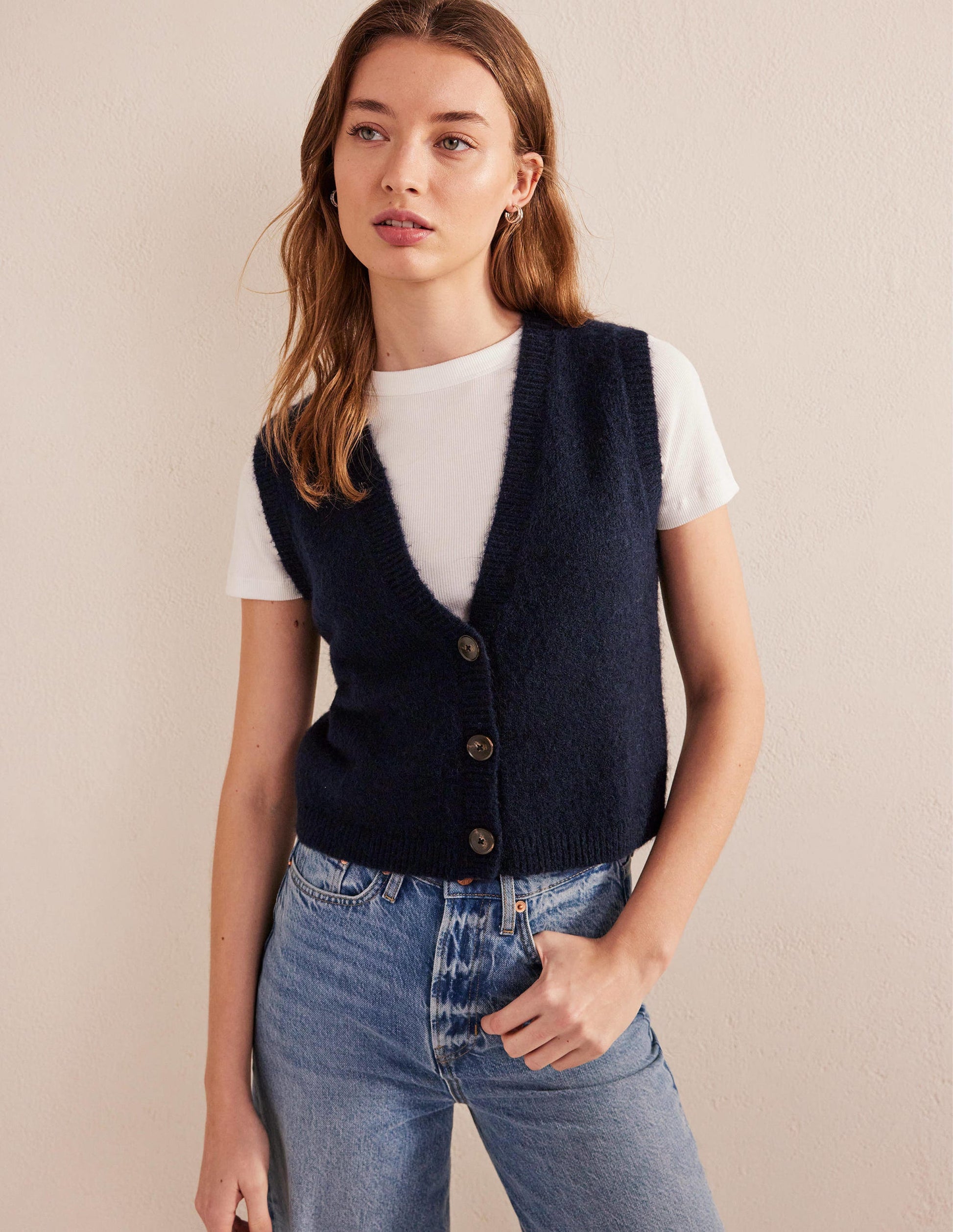 Cropped Fluffy Cardigan Tank-Navy-4