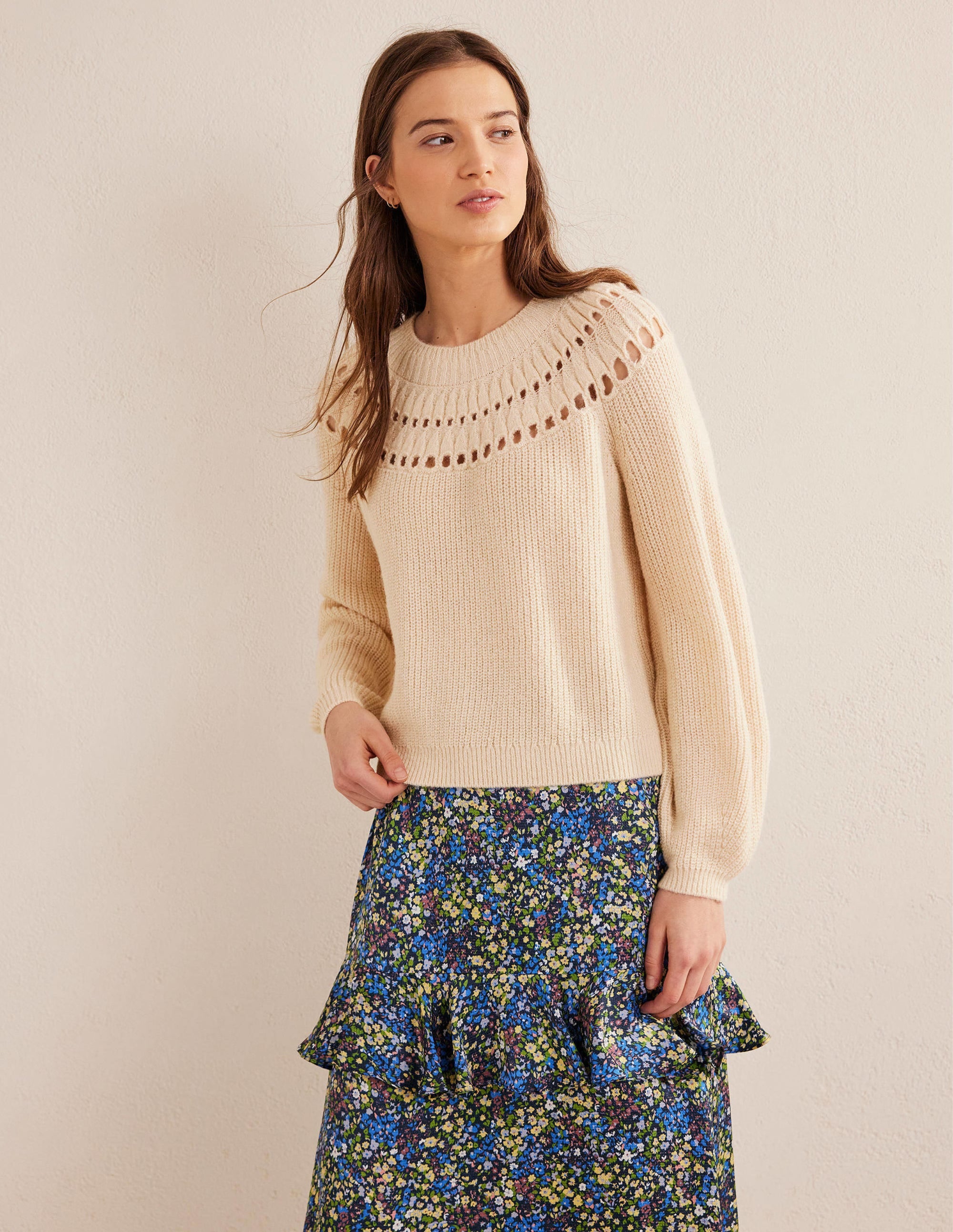 Pullover mit hübschen Rüschen-Naturweiß Meliert - Image 1