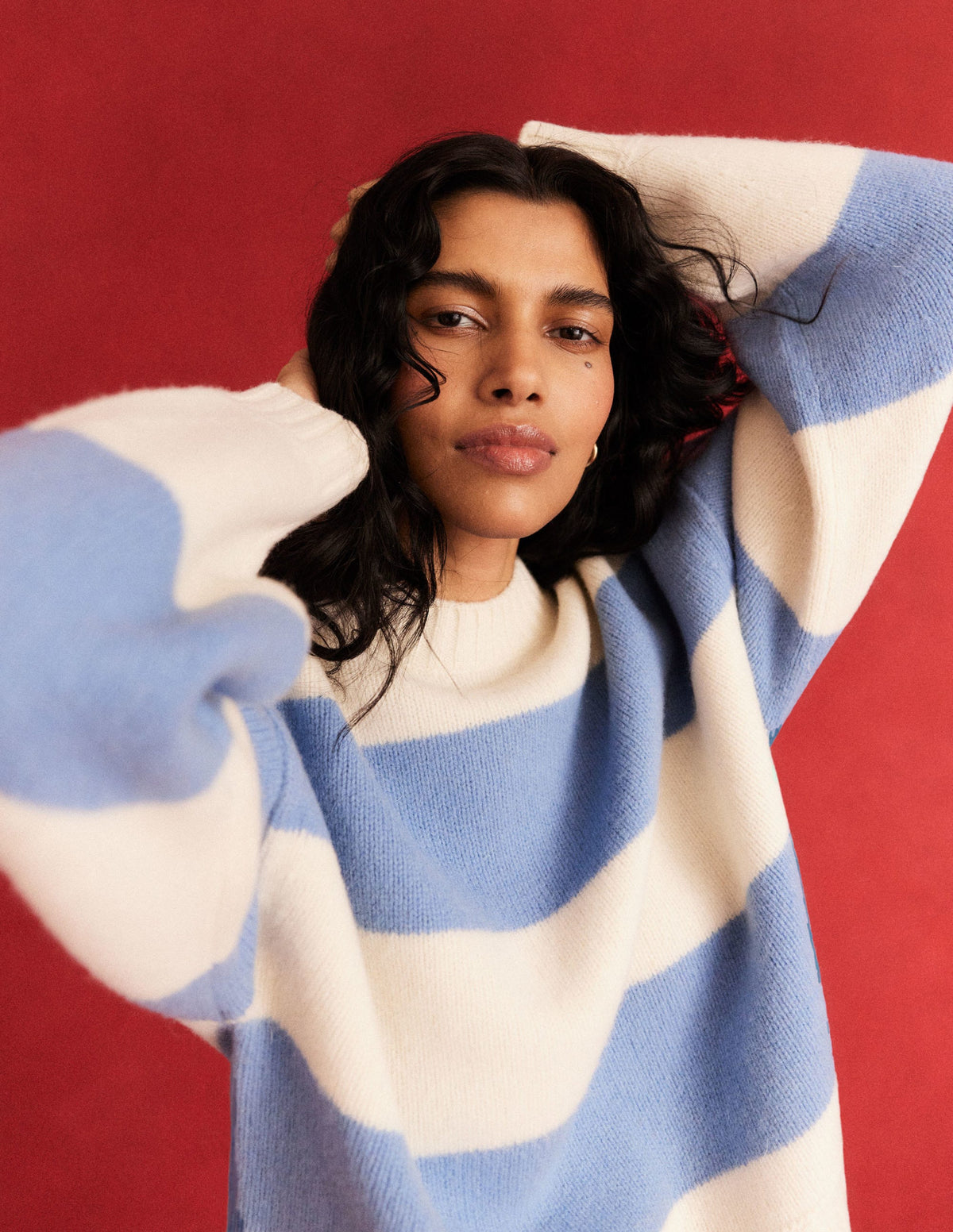 Brushed Wool Cropped Jumper-Linseed, Ivory Stripe - Image 2
