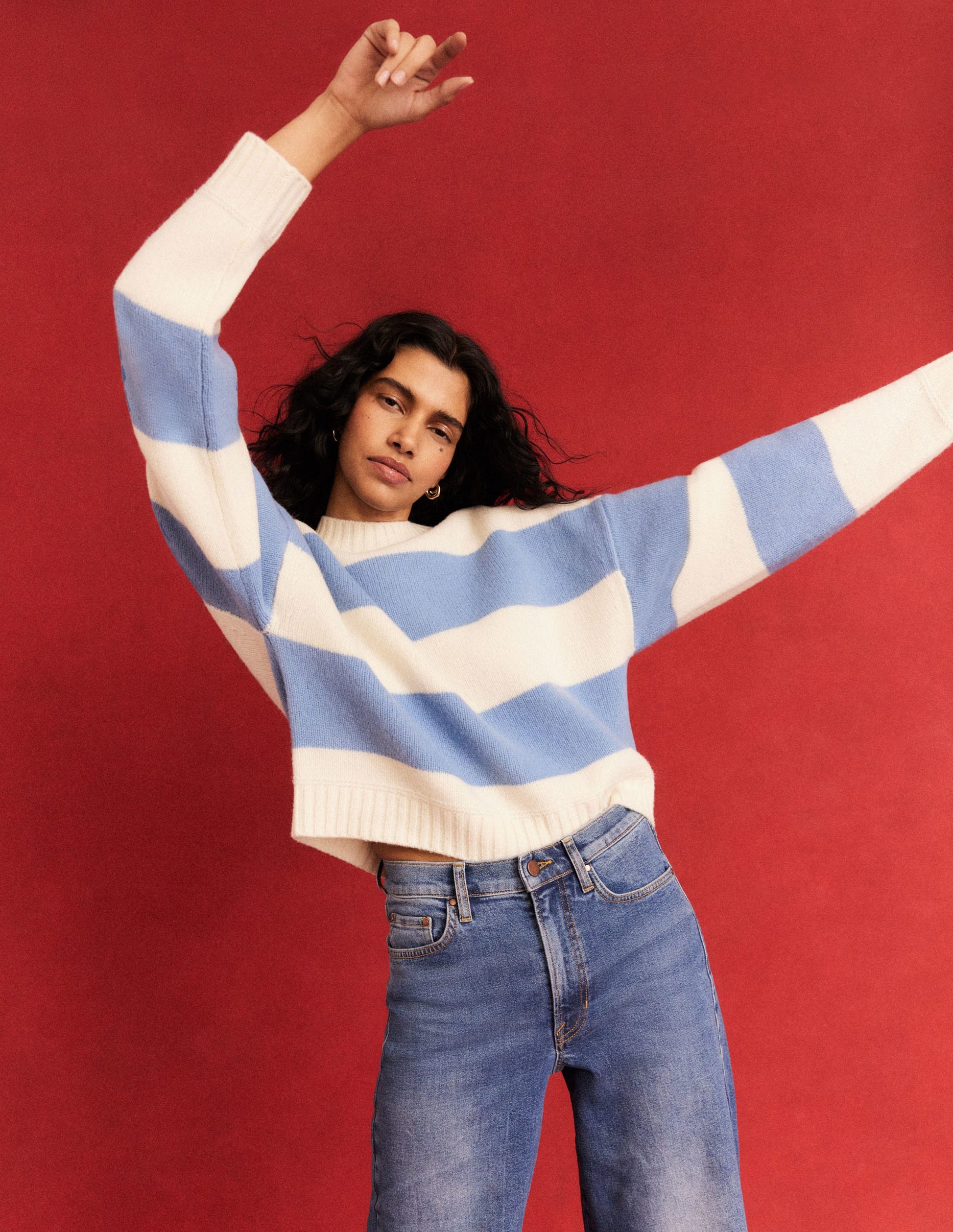 Brushed Wool Cropped Jumper-Linseed, Ivory Stripe-4