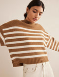 Kurz geschnittener Pullover aus gebürsteter Wolle-Teddybärbraun/Naturweiß, Gestreift