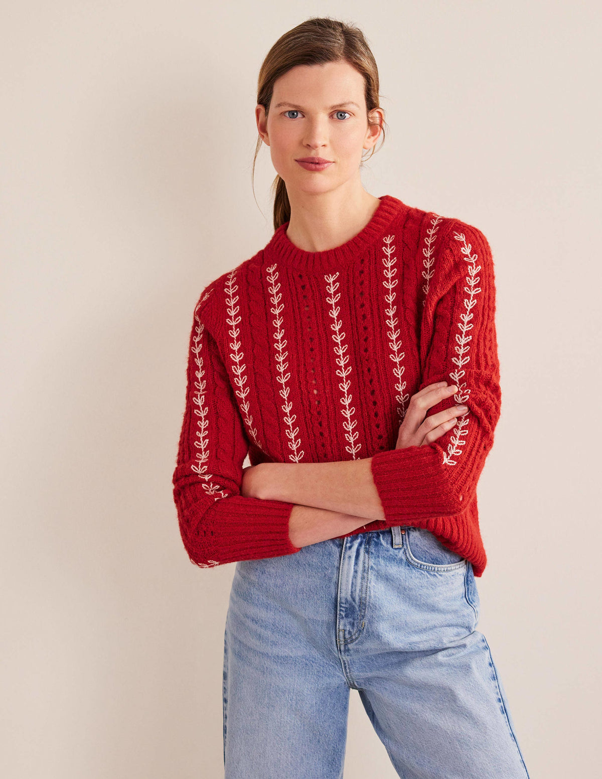 Flauschiger Pullover mit Zopfstrickmuster und Stickerei-Tomatenrot-4
