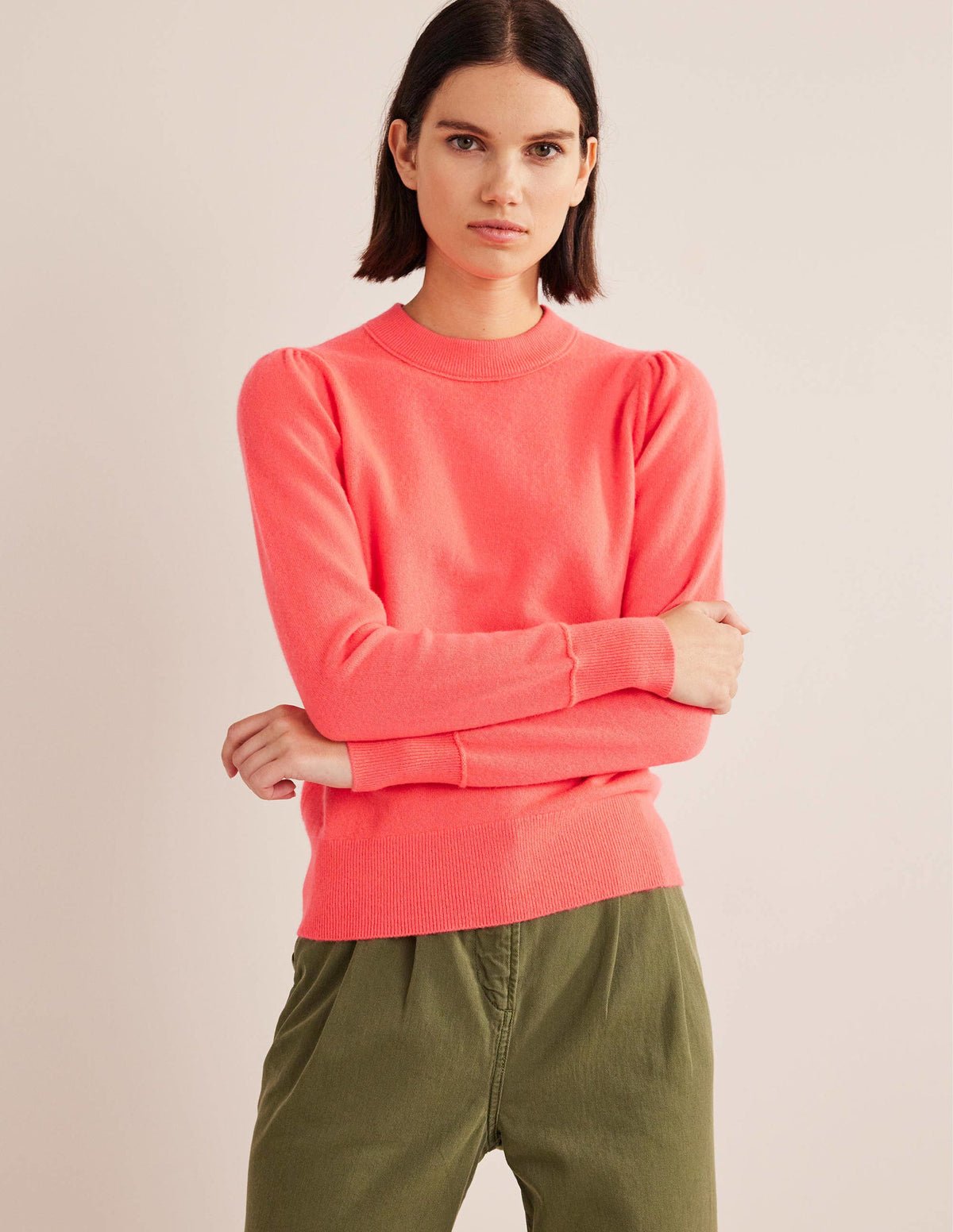 Kaschmirpullover mit Puffärmeln-Helles Wassermelonenrot - Image 1