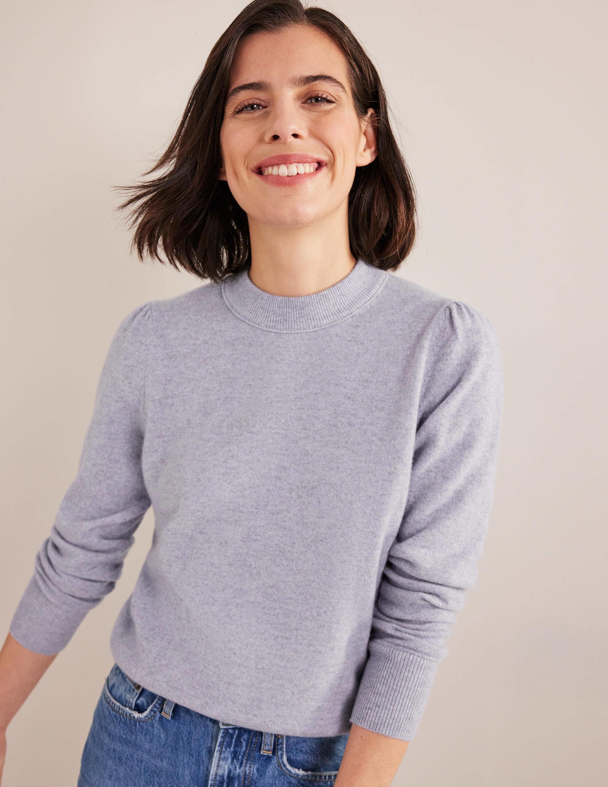 Kaschmirpullover mit Puffärmeln-Blau Melange - Image 1