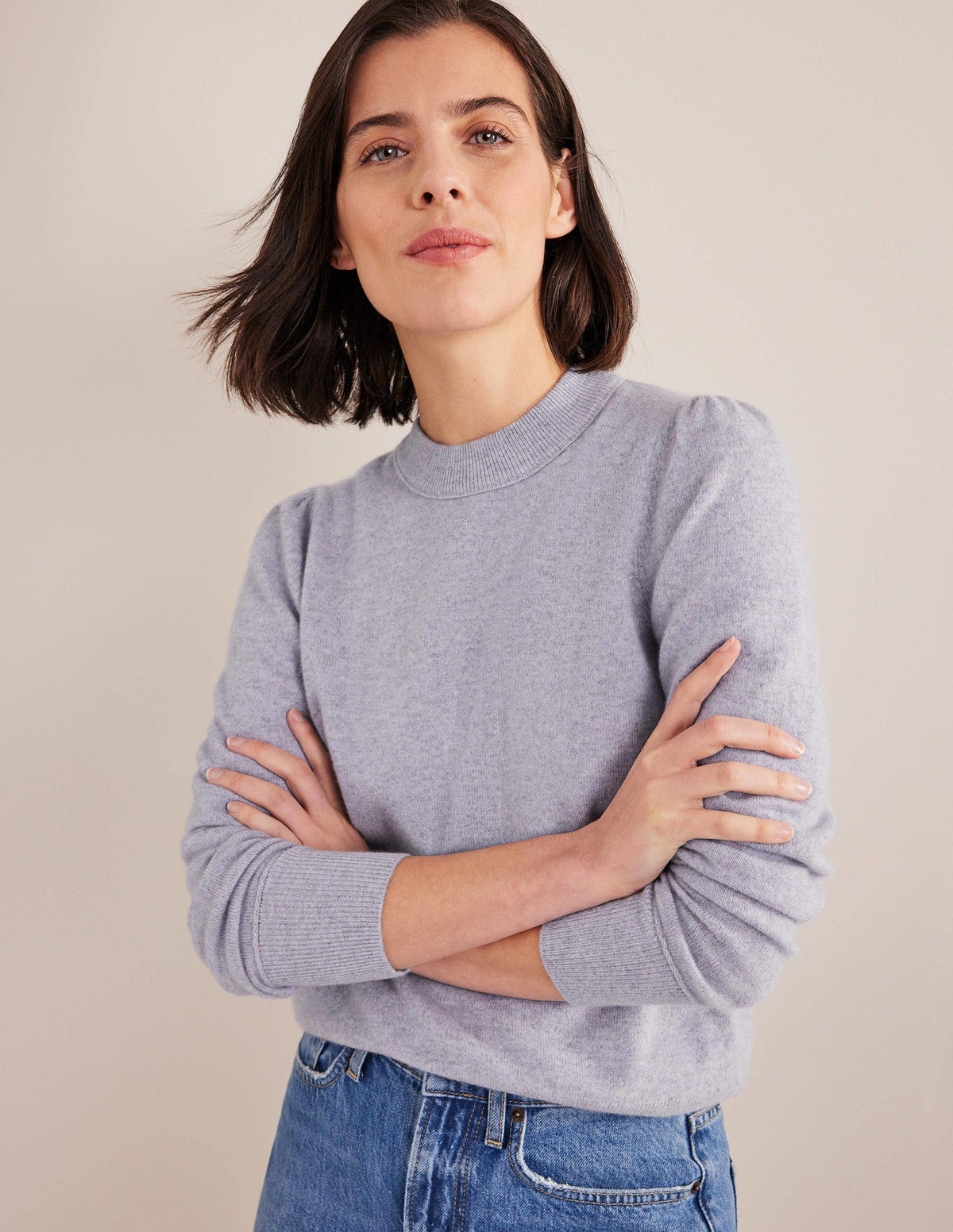 Kaschmirpullover mit Puffärmeln-Blau Melange - Image 4