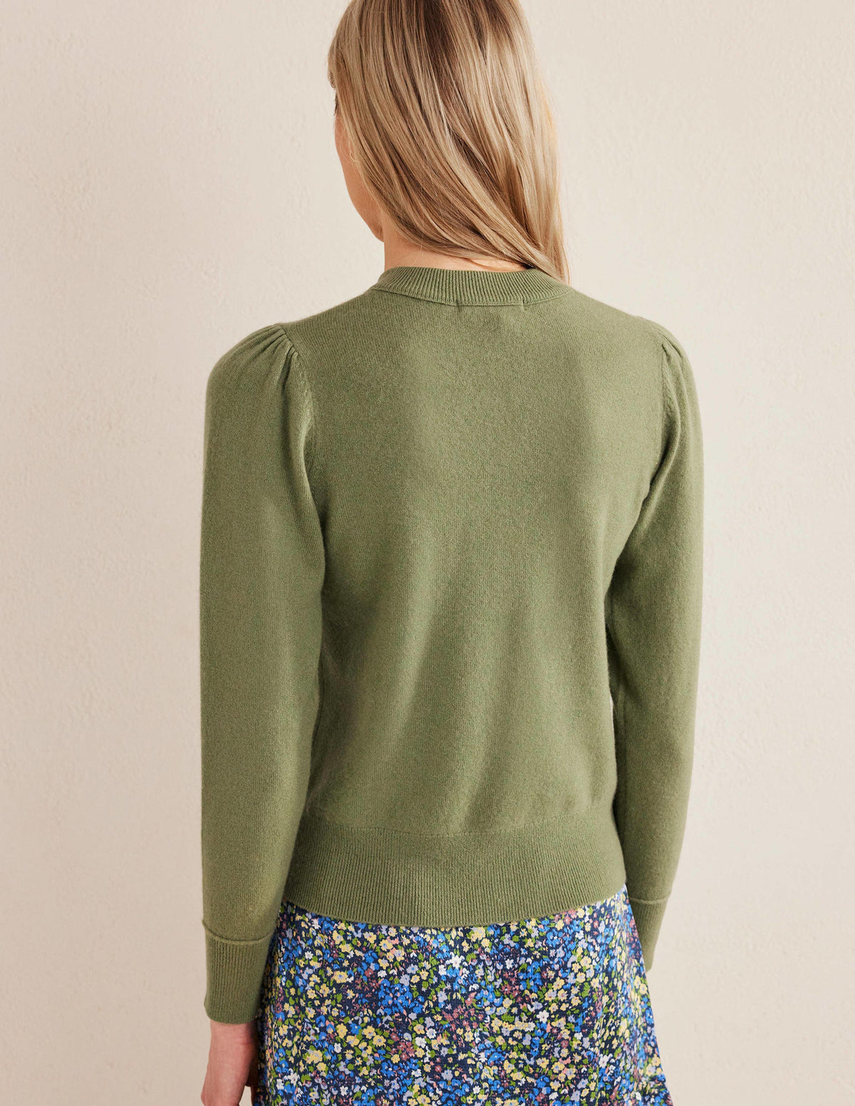 Cashmere Puff Shoulder Jumper-Stone Green - Image 3