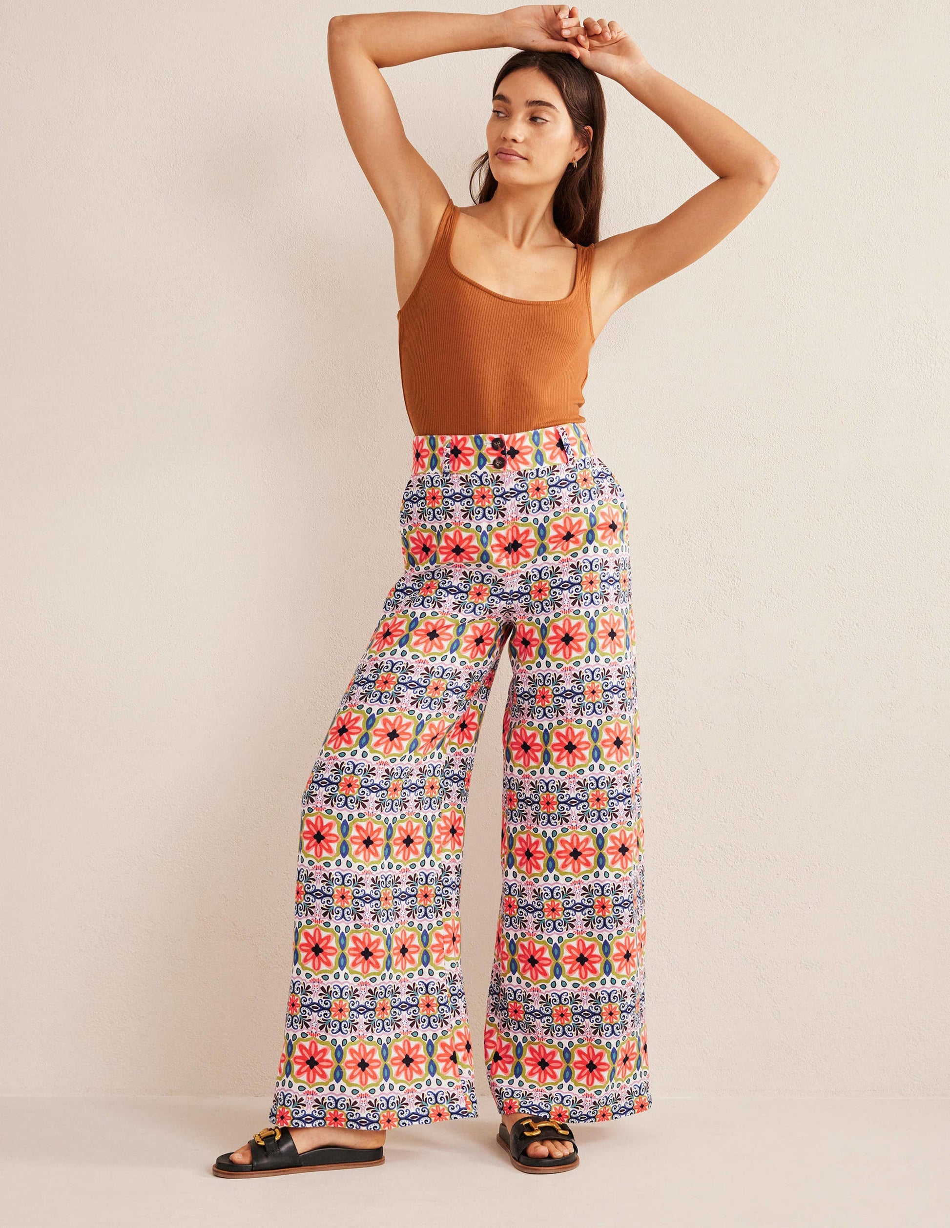 Gemusterte Leinenhose mit weitem Bein-Bunt, Gestreiftes Gobelinmuster-1