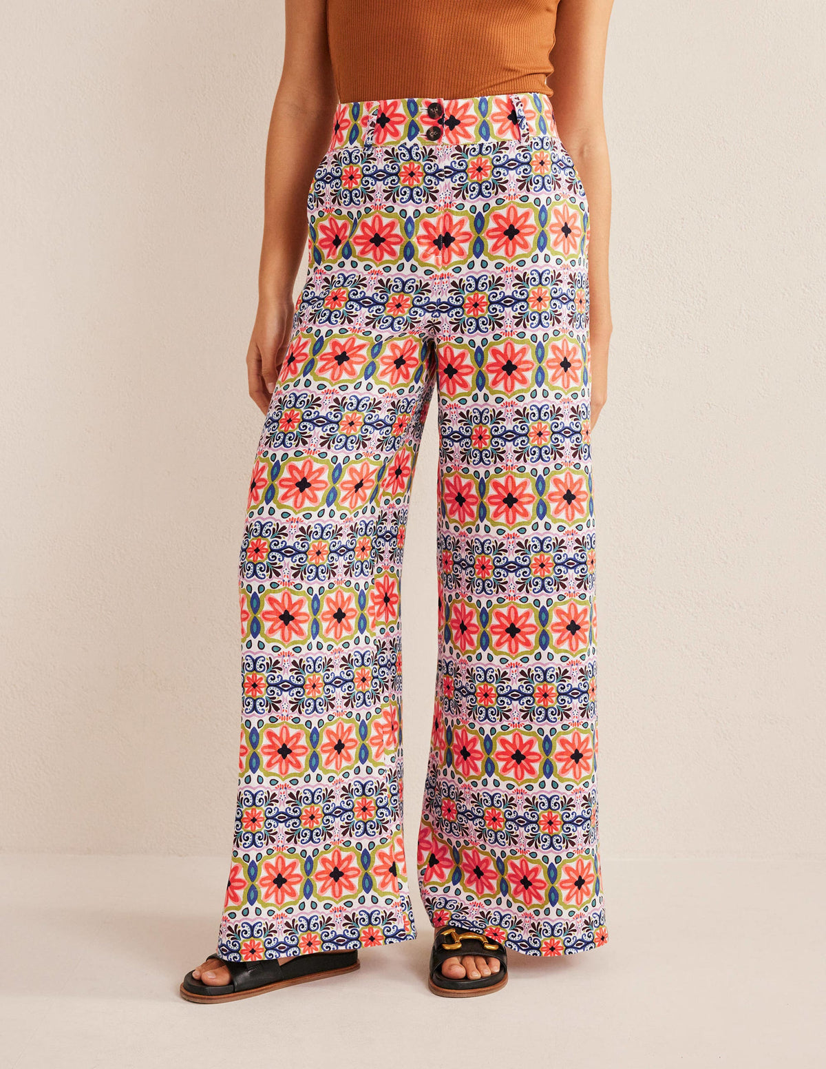 Gemusterte Leinenhose mit weitem Bein-Bunt, Gestreiftes Gobelinmuster-4