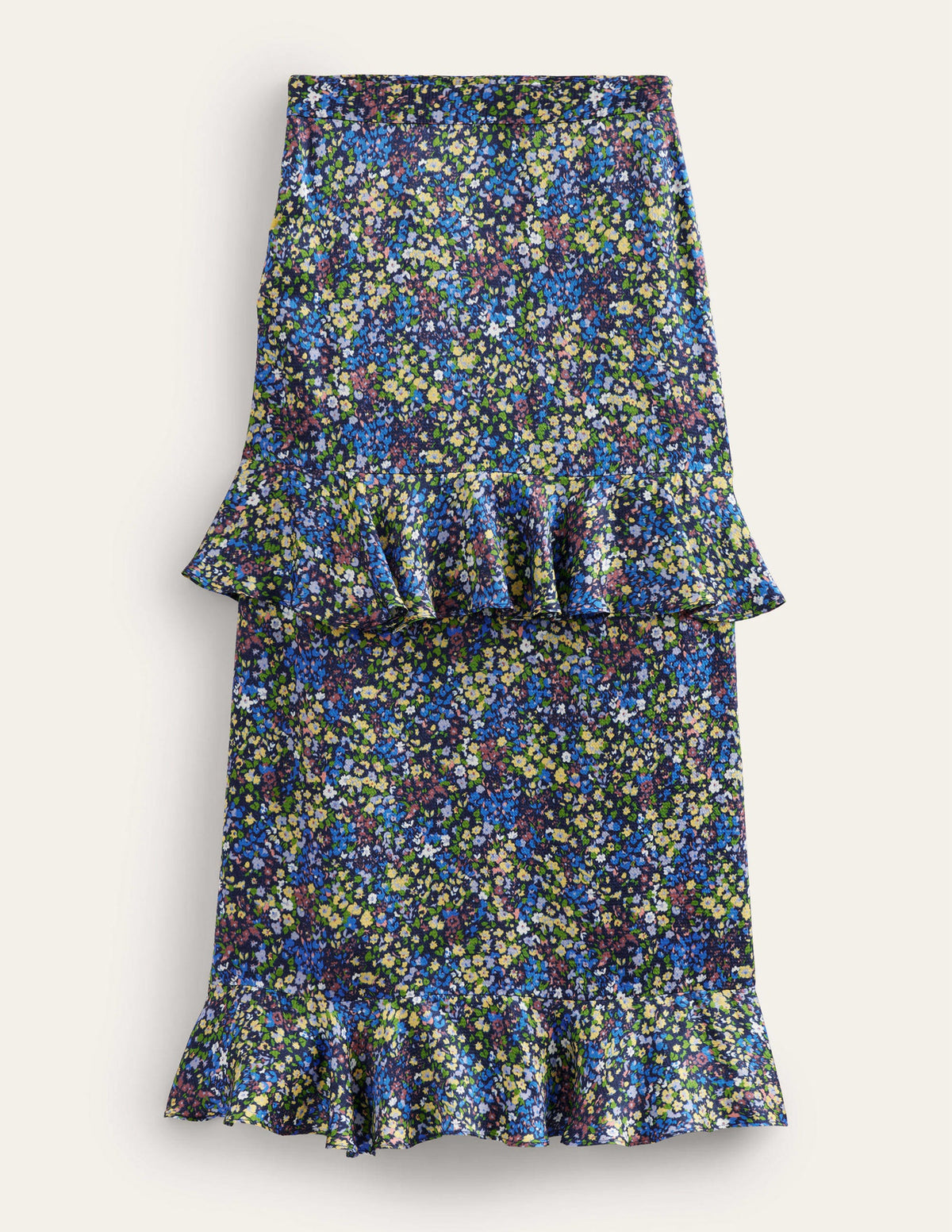 Gerüschter Blumen-Midirock aus Satin-Nebelblau, Gardenienblüten-6