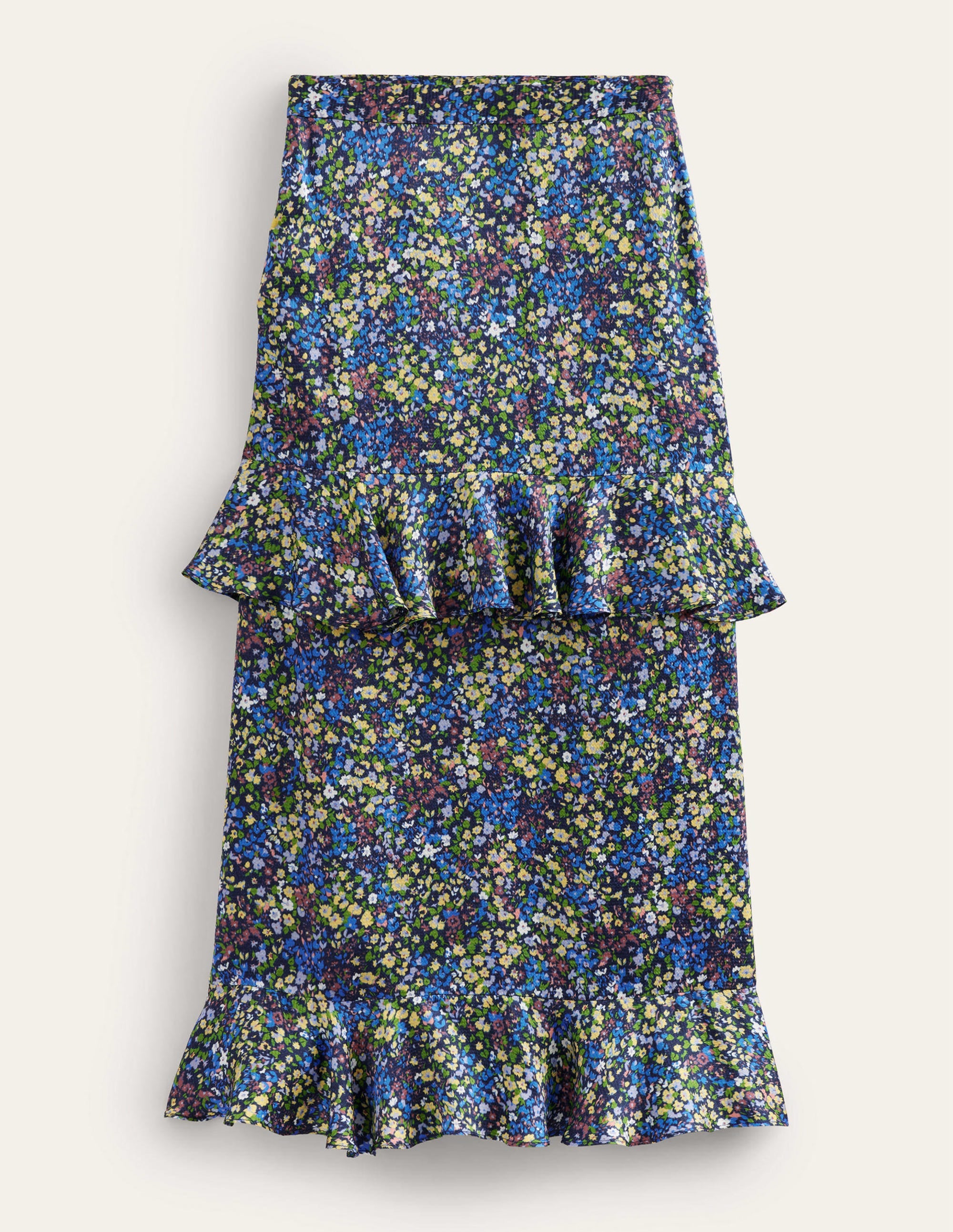 Gerüschter Blumen-Midirock aus Satin-Nebelblau, Gardenienblüten - Image 6