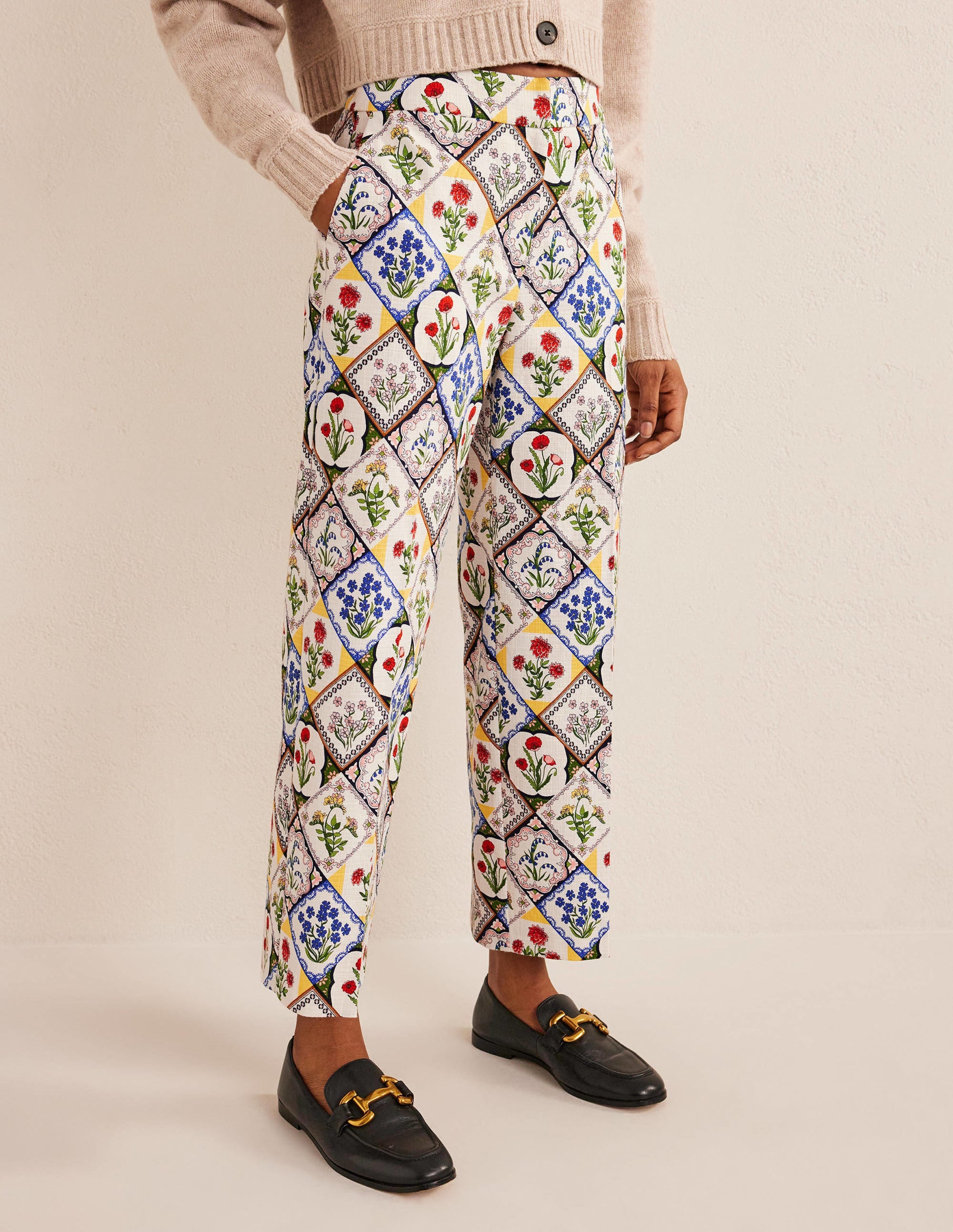Printed Straight Trousers-Ivory, White Bluebell - Image 4