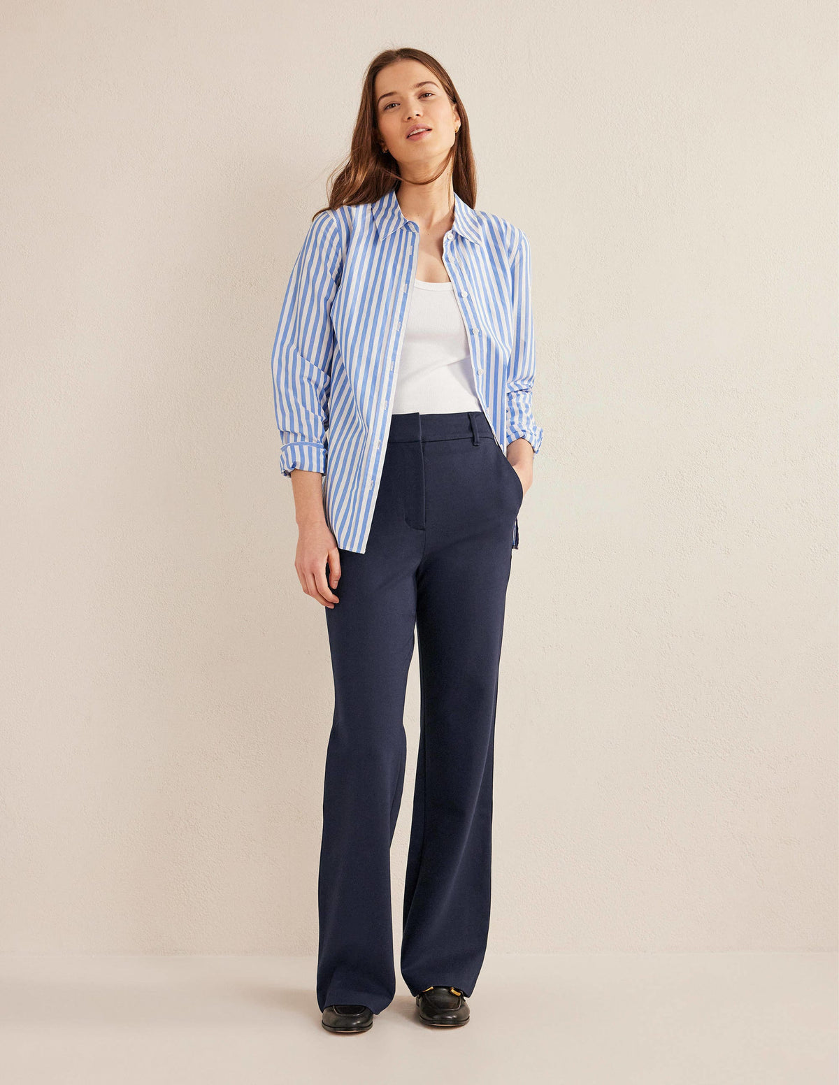 Pantalon évasé en point de Rome-Bleu marine - Image 1