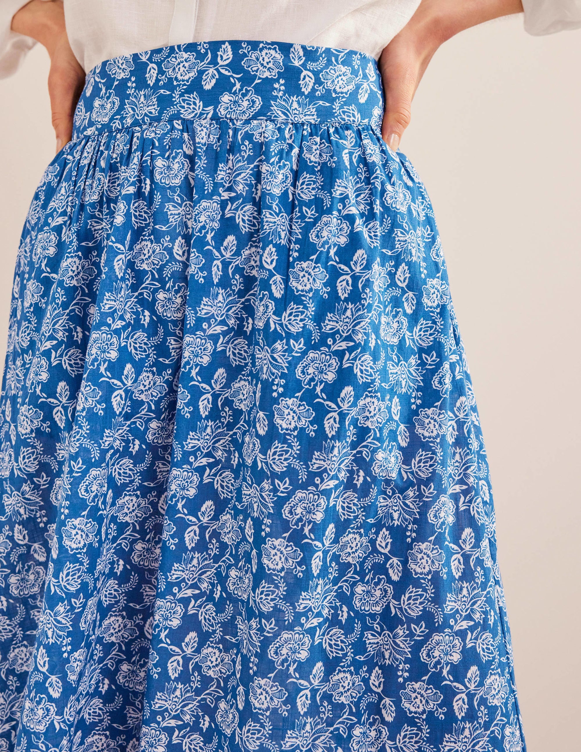 JUPE LONGUE VOLANTÉE EN COTON-Bleu authentique, motif Linear Bloom - Image 2