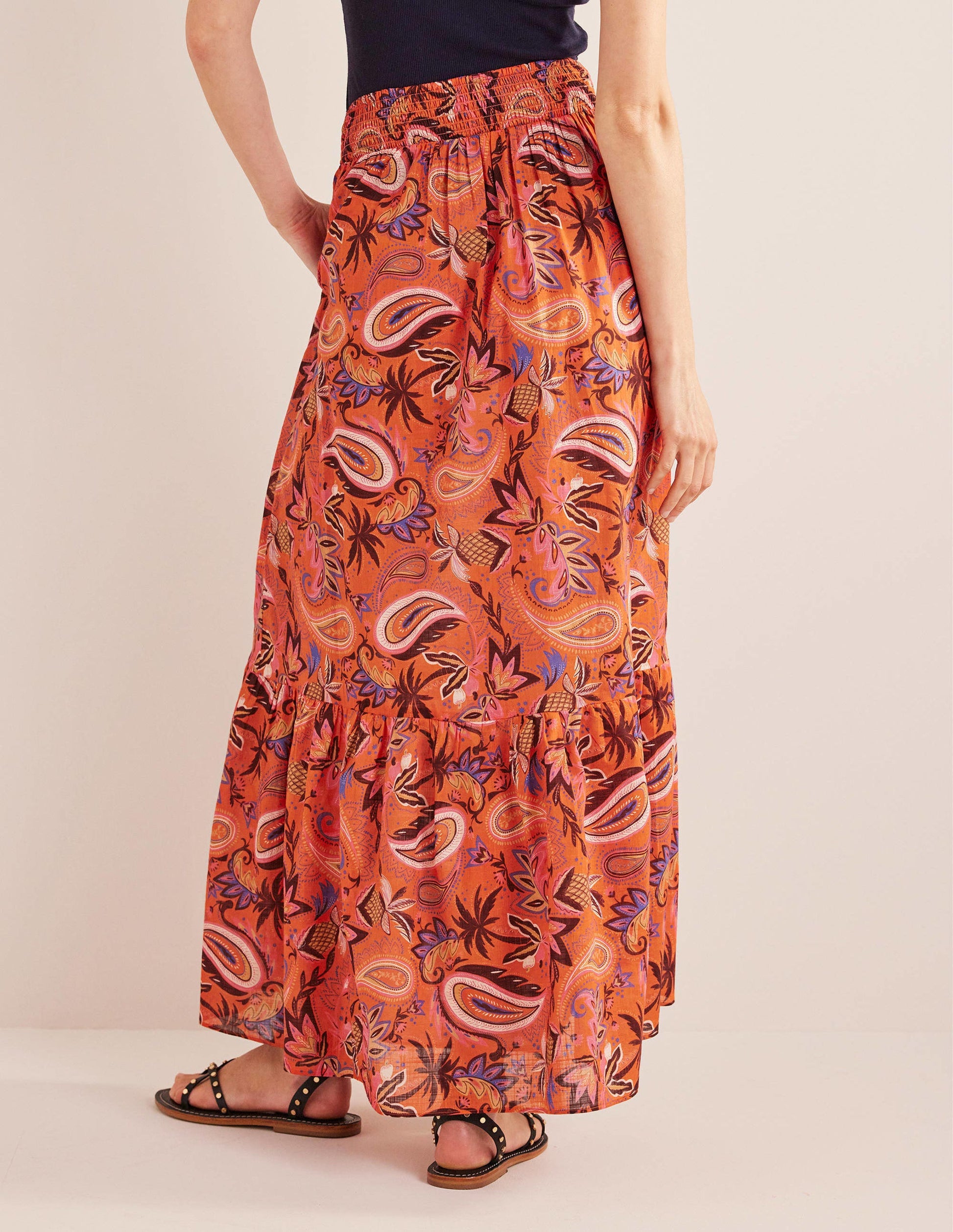 Tiered Cotton Maxi Skirt-Coral, Paradise Paisley-3