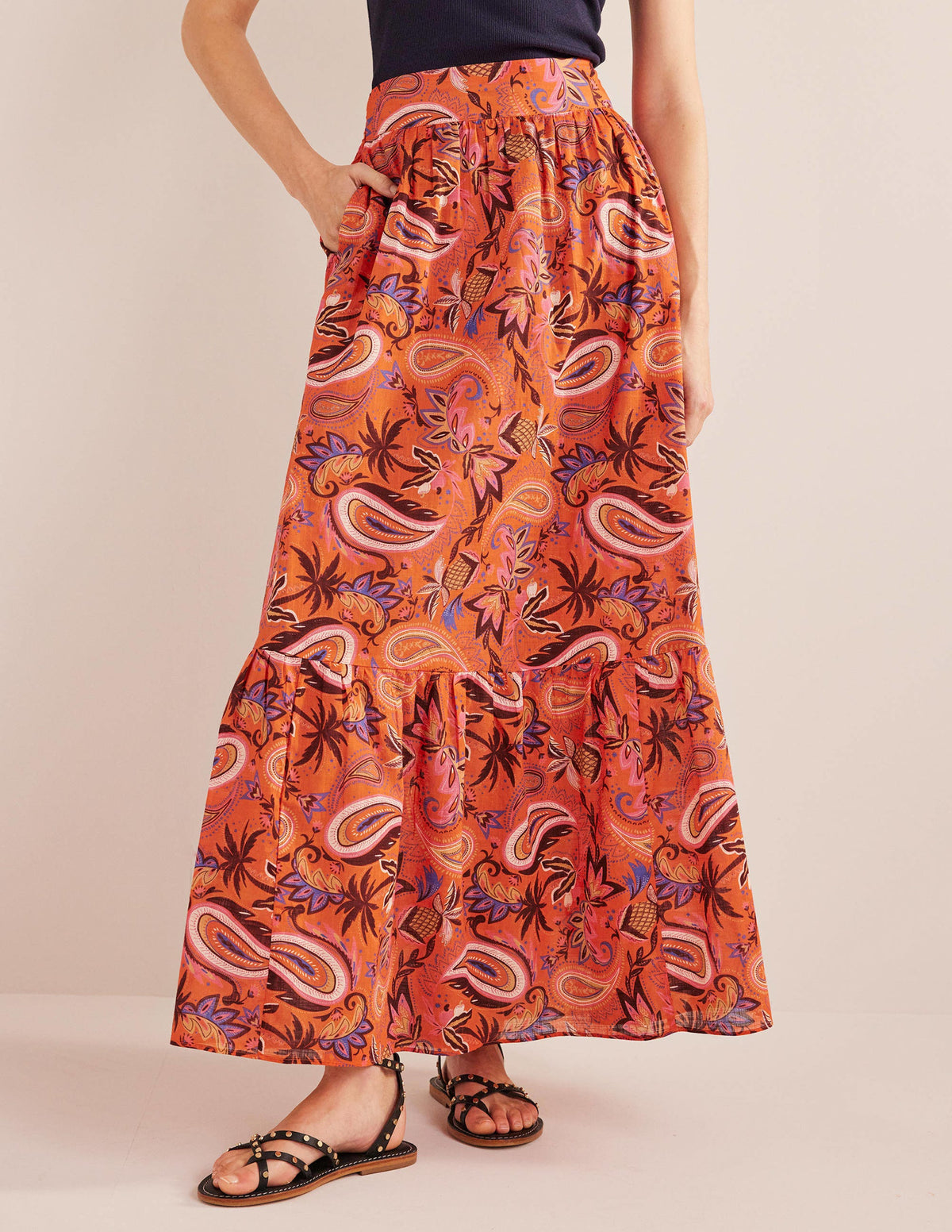 Tiered Cotton Maxi Skirt-Coral, Paradise Paisley - Image 4
