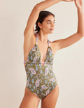 Beaded Gather Halter Swimsuit-Basil, Paisley Pome