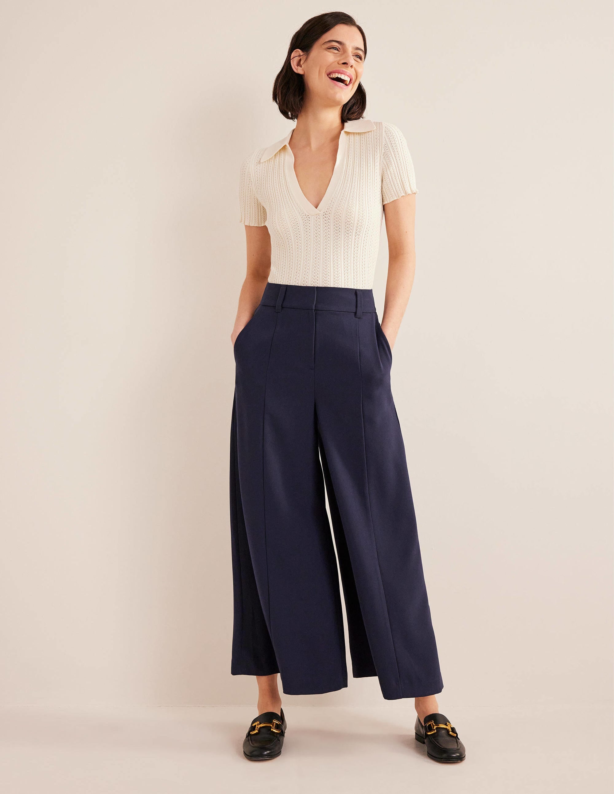 Fluid Wide Leg Culottes-Navy - Image 1