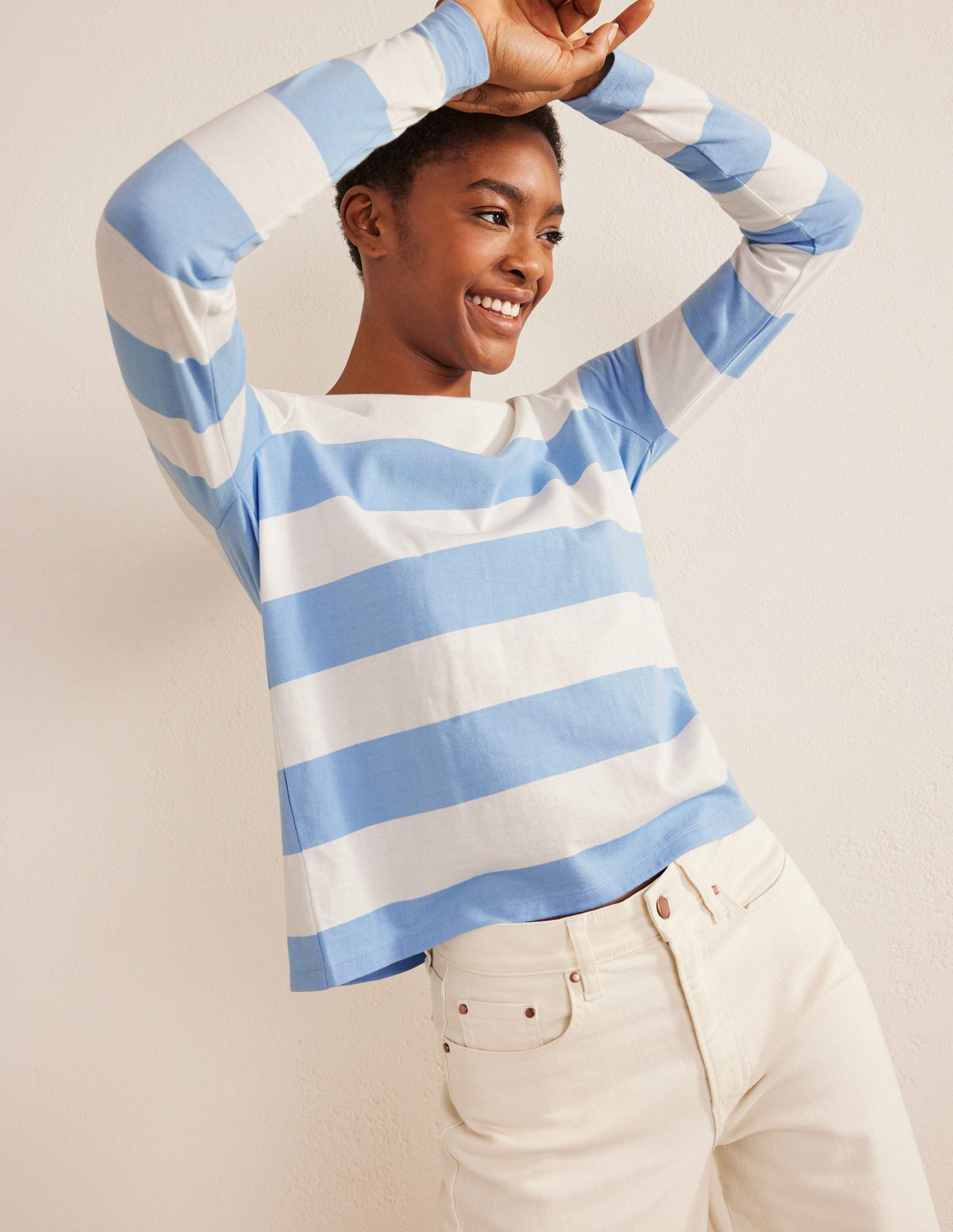 Bea Breton-Shirt mit langen Ärmeln-Flachsblau/Naturweiß, Breite Streifen - Image 1