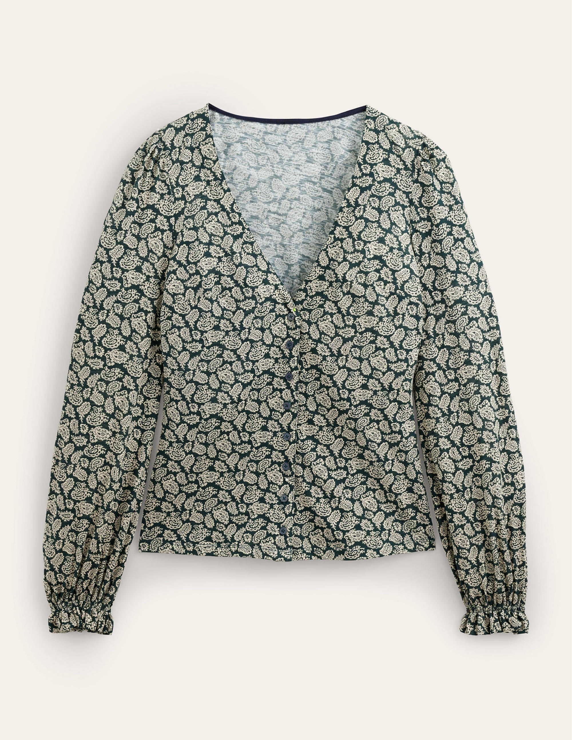 Button Front V-Neck Top-Cavelo Nero, Paisley Pop - Image 5