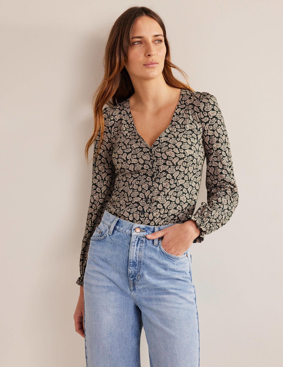 Button Front V-Neck Top-Cavelo Nero, Paisley Pop-1