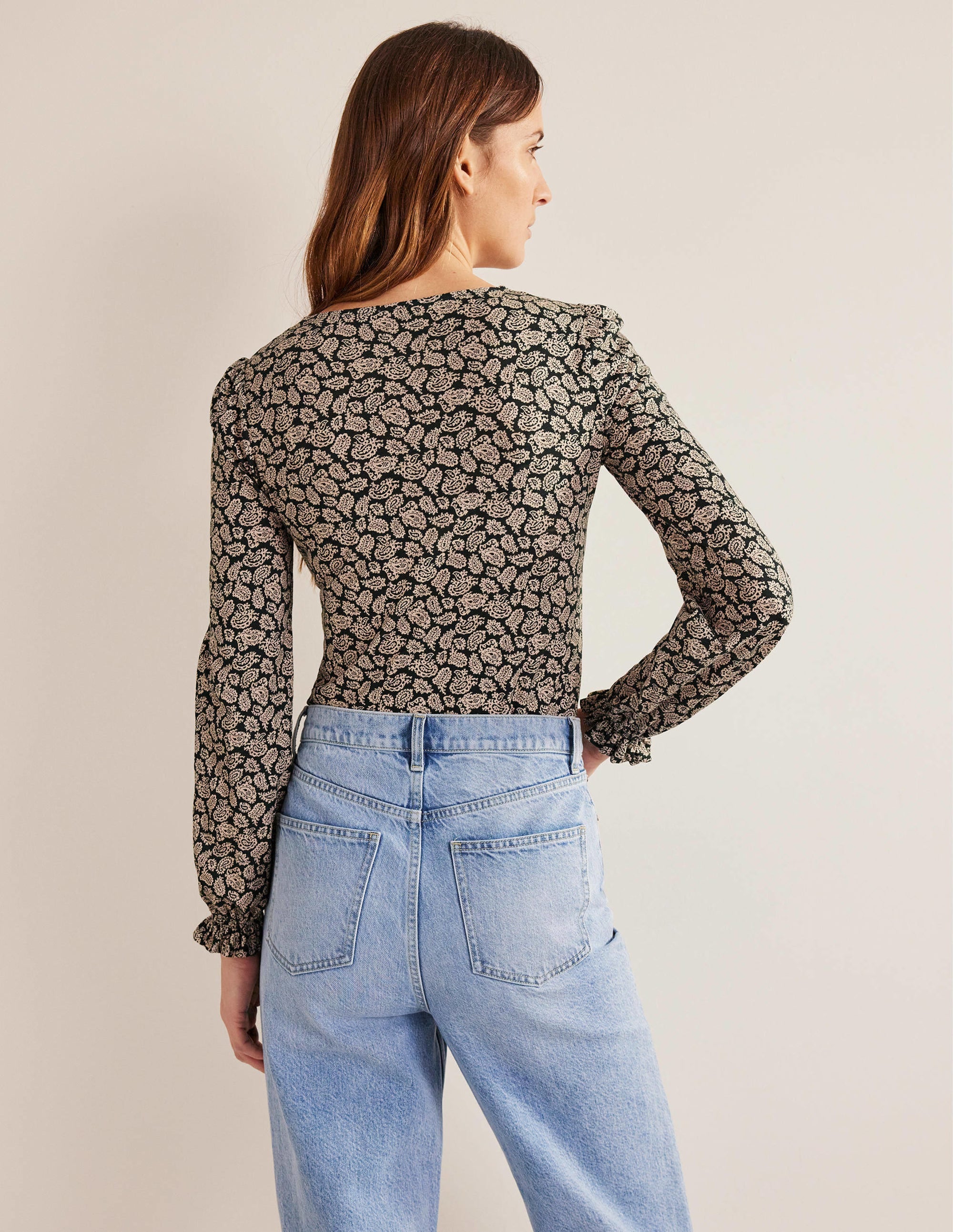 Button Front V-Neck Top-Cavelo Nero, Paisley Pop - Image 3