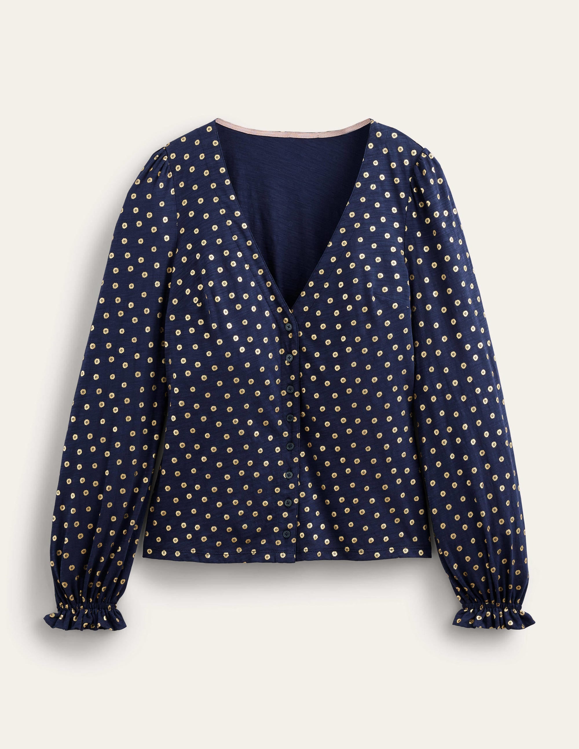 Button Front V-Neck Top-French Navy, Floral Dot - Image 5