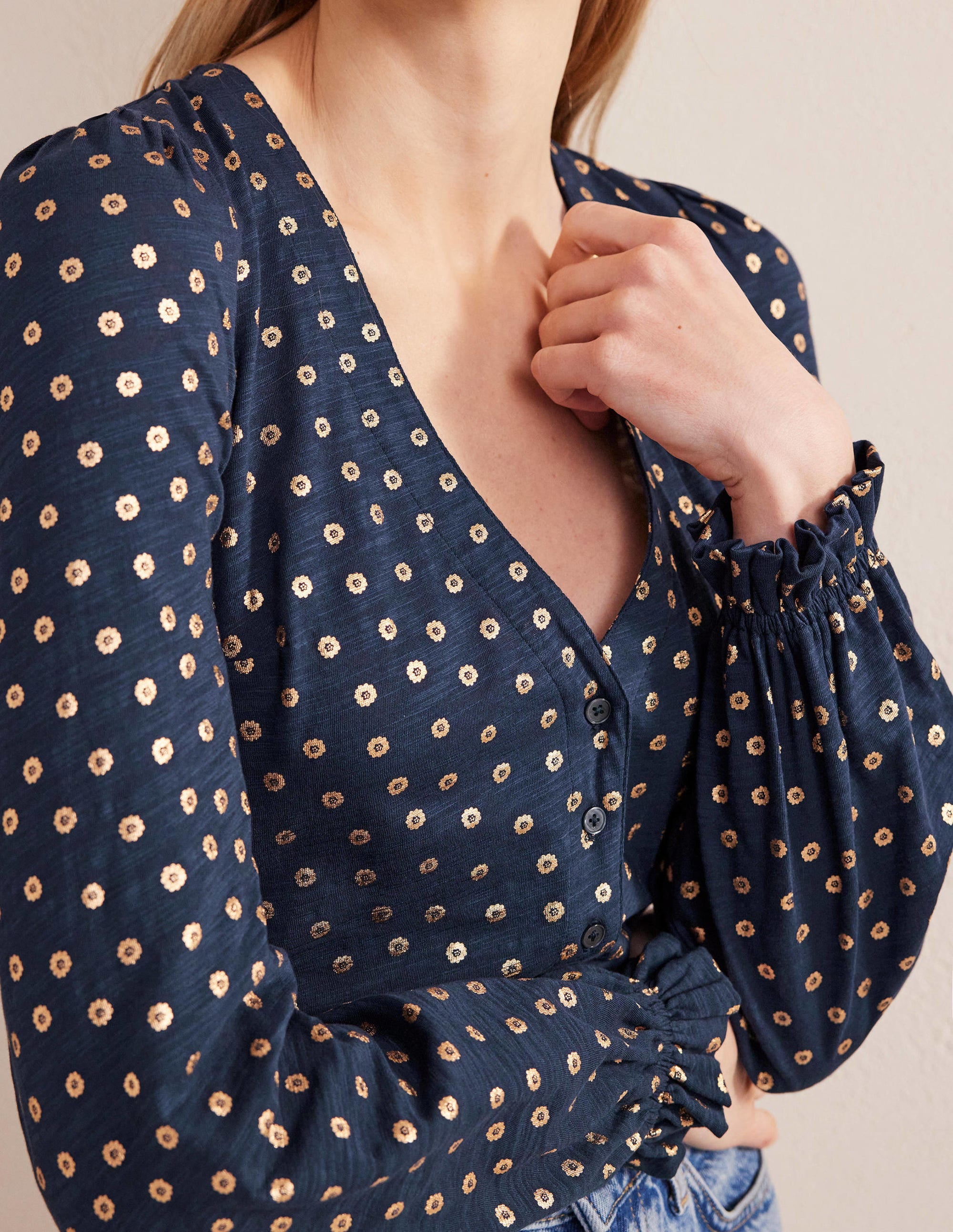 Button Front V-Neck Top-French Navy, Floral Dot - Image 2