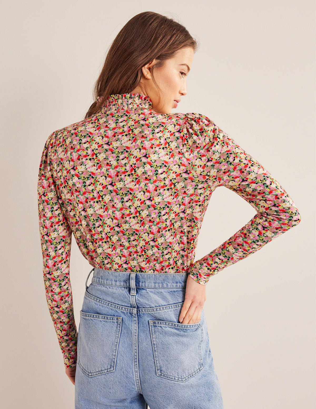 Smocked Neck Printed Top-Multi, Floral-3
