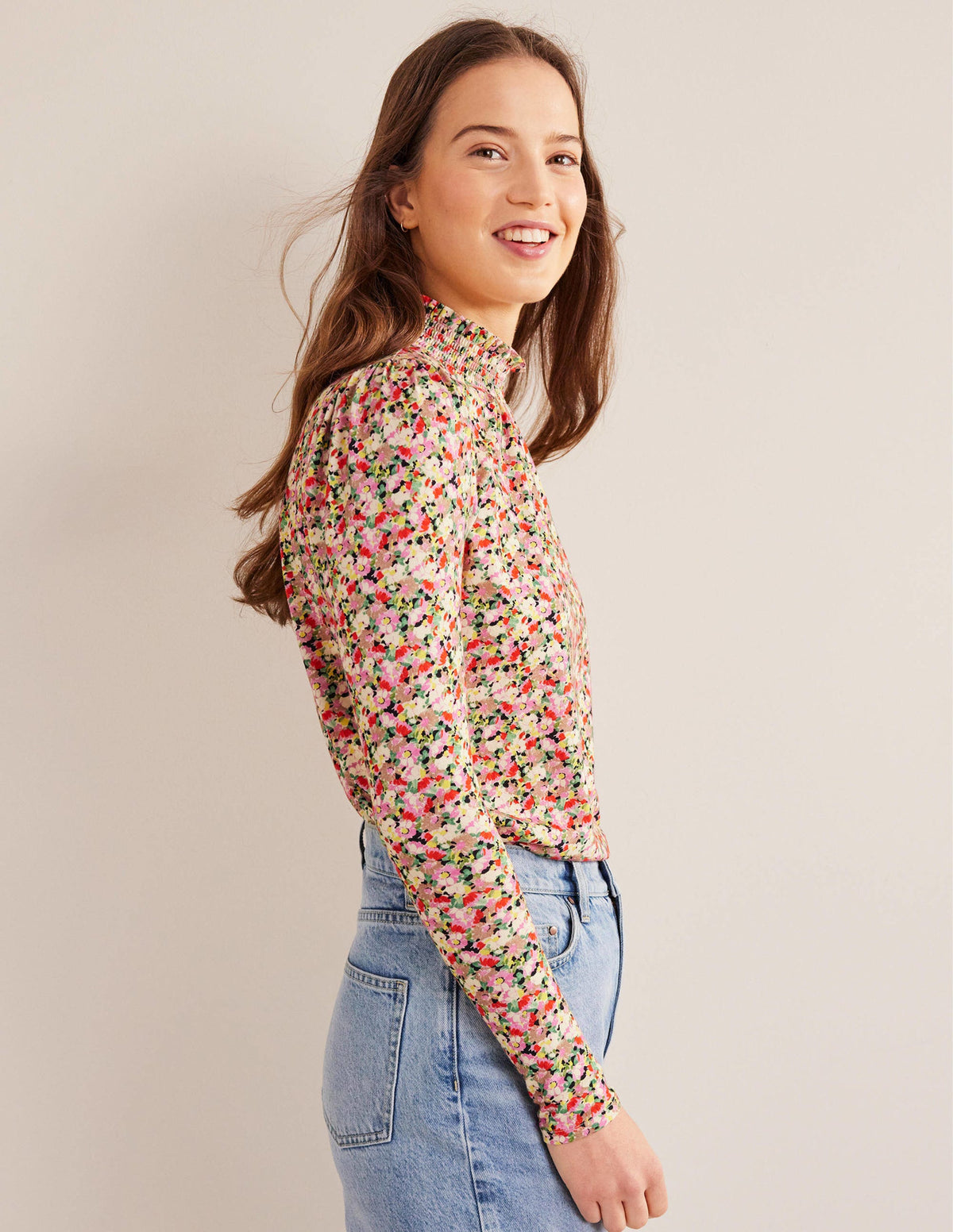 Smocked Neck Printed Top-Multi, Floral - Image 4