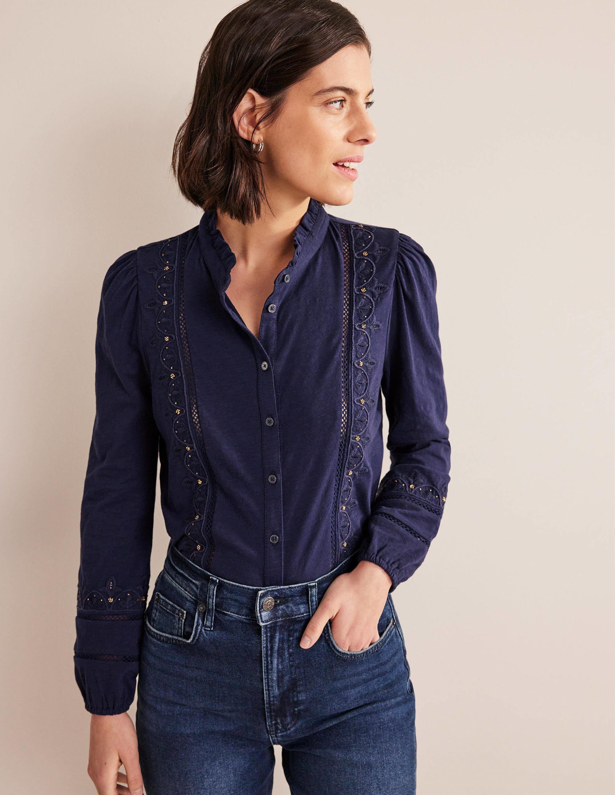 Besticktes Jerseyhemd-Marineblau - Image 1