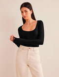 Soft Ribbed Scoop Neck Top-Black