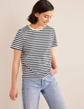 Baumwoll-T-Shirt mit Rundhalsausschnitt-Naturweiß/Marineblau, Gestreift