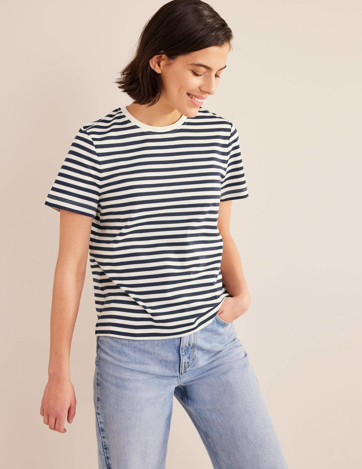 Baumwoll-T-Shirt mit Rundhalsausschnitt-Naturweiß/Marineblau, Gestreift-1