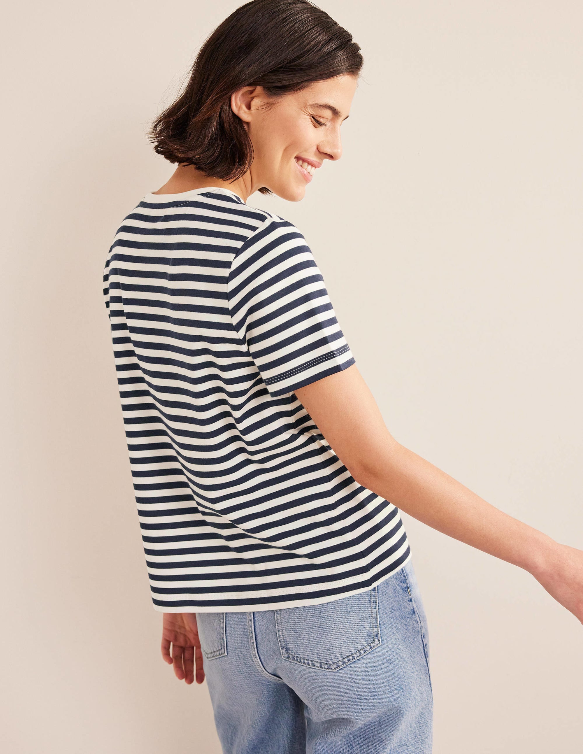 Baumwoll-T-Shirt mit Rundhalsausschnitt-Naturweiß/Marineblau, Gestreift - Image 3