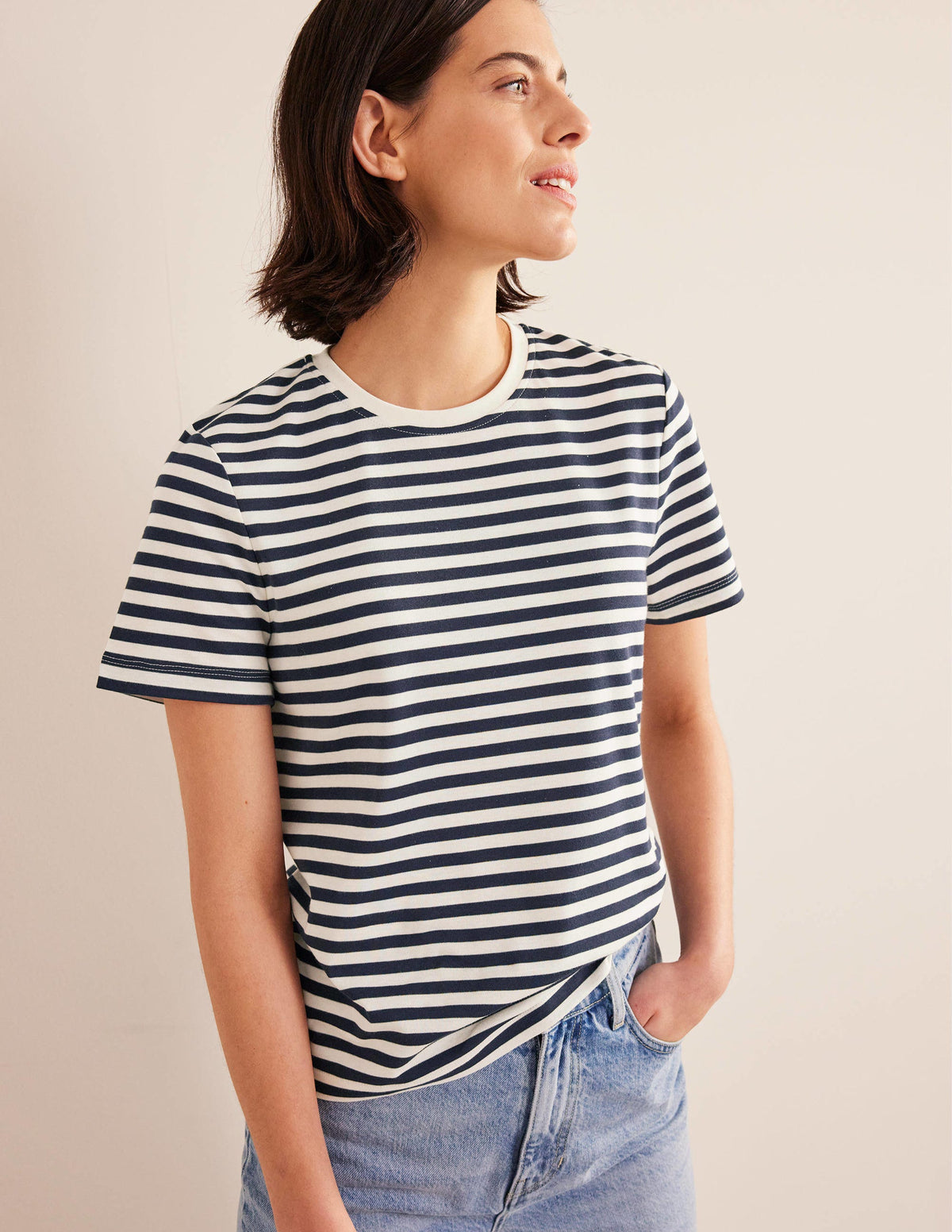 Baumwoll-T-Shirt mit Rundhalsausschnitt-Naturweiß/Marineblau, Gestreift-4