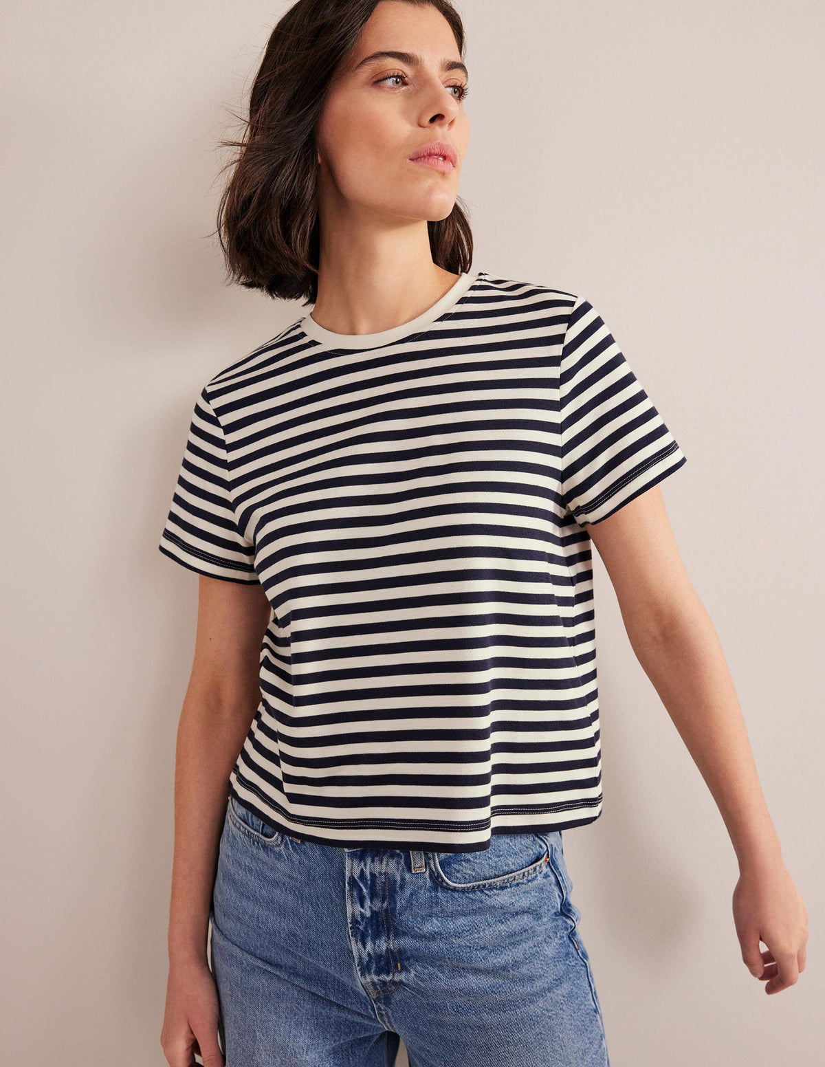 Perfect Cotton Cropped T-Shirt-Ivory / Navy Stripe - Image 1