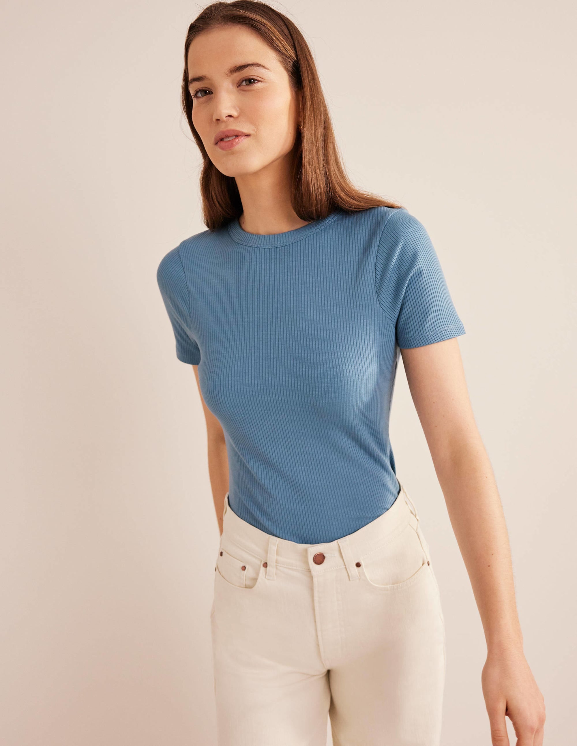 T-shirt ajusté et côtelé à col rond-Bleu capitaine - Image 1