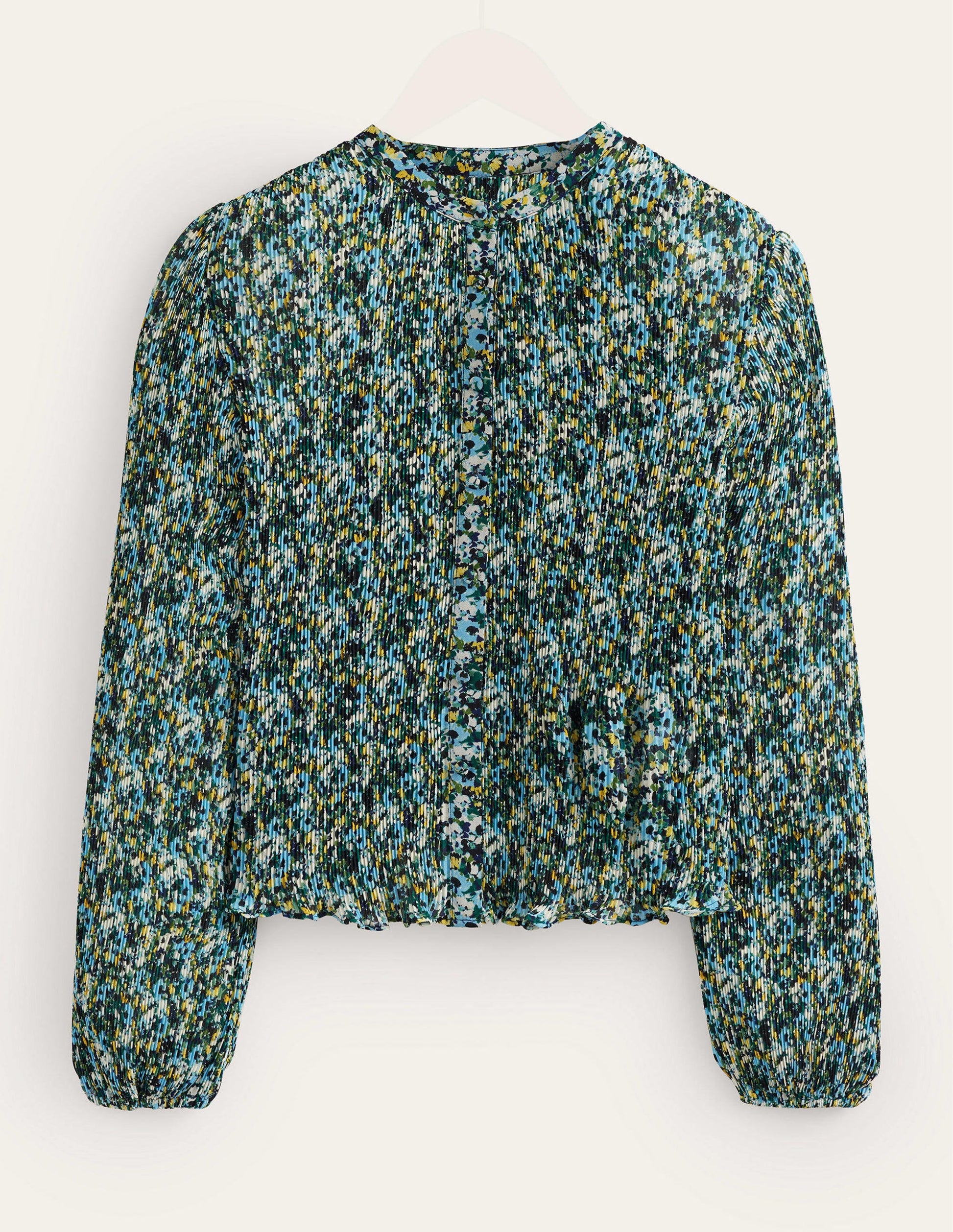 Bluse mit Plisseefalten-Flachsblau, Gemaltes Blumenmuster-5