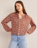 Bluse mit Plisseefalten-Bunt, Gemaltes Blumenmuster