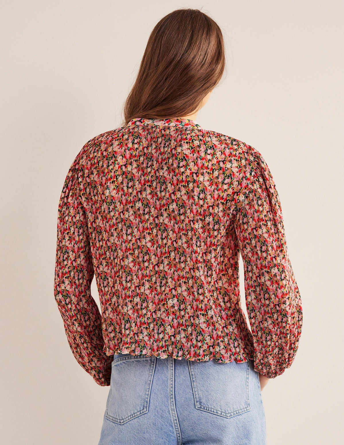 Bluse mit Plisseefalten-Bunt, Gemaltes Blumenmuster-3