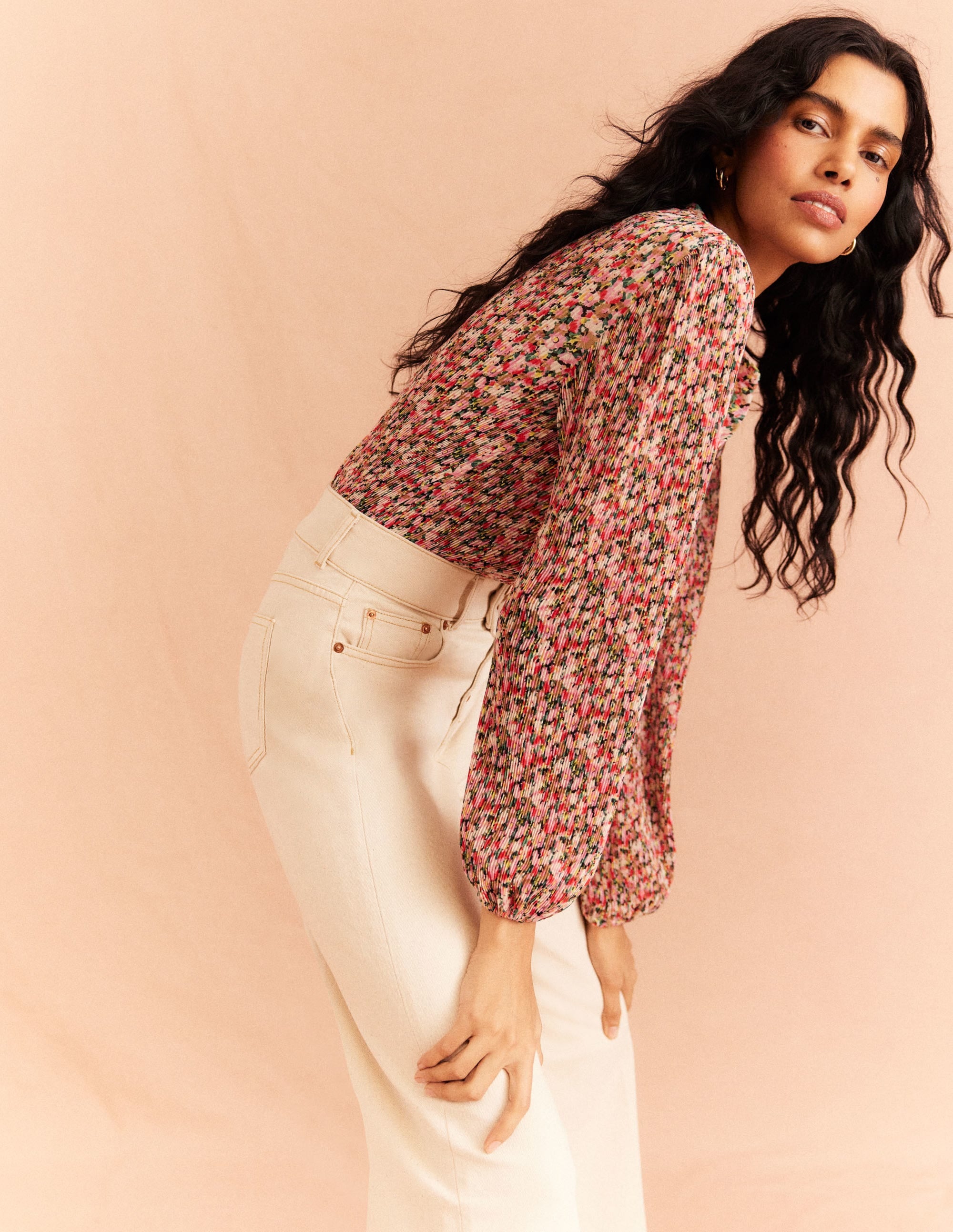 Bluse mit Plisseefalten-Bunt, Gemaltes Blumenmuster - Image 8