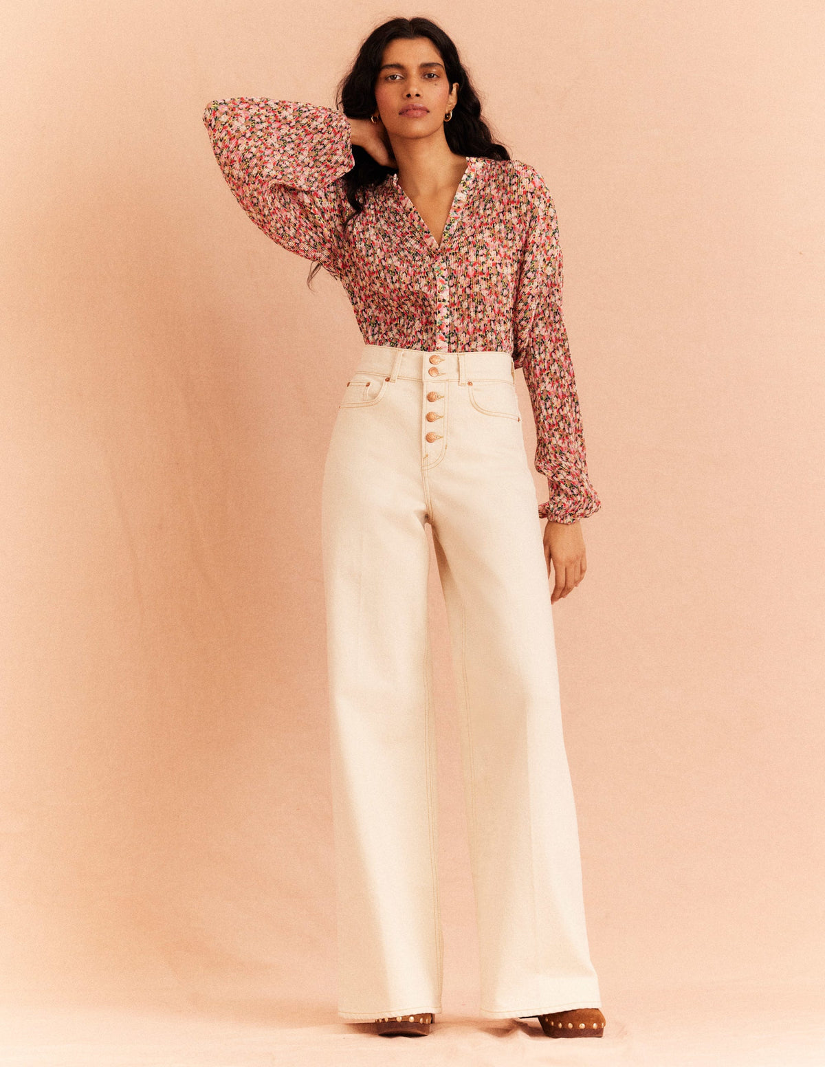 Bluse mit Plisseefalten-Bunt, Gemaltes Blumenmuster-9