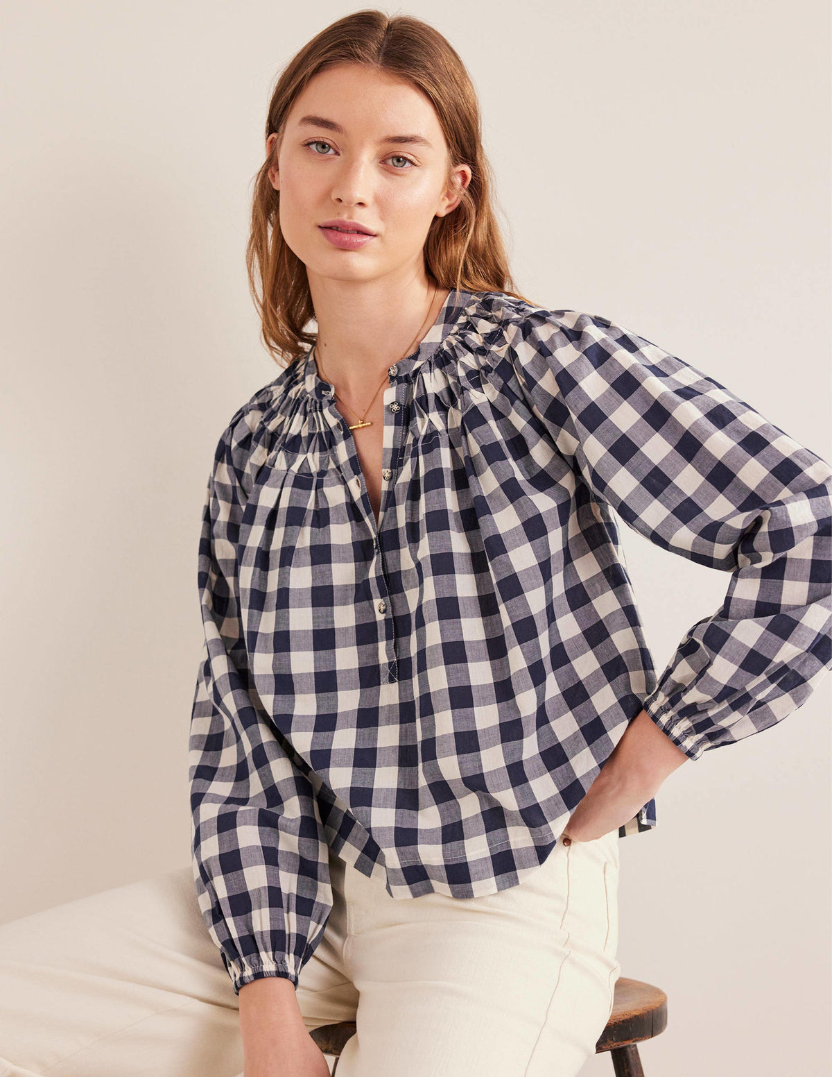 Smocking Detail Blouse-French Navy Gingham-1