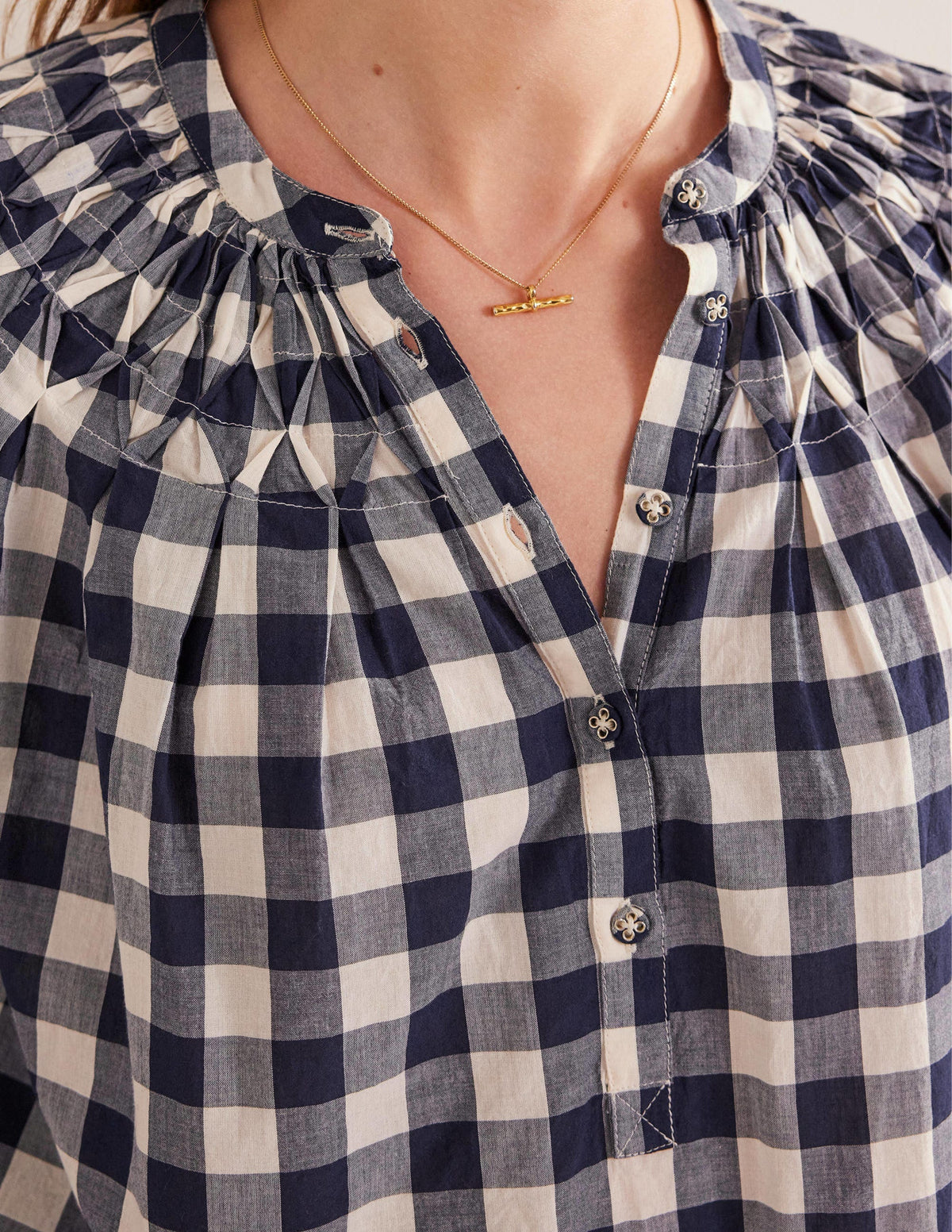 Smocking Detail Blouse-French Navy Gingham-2
