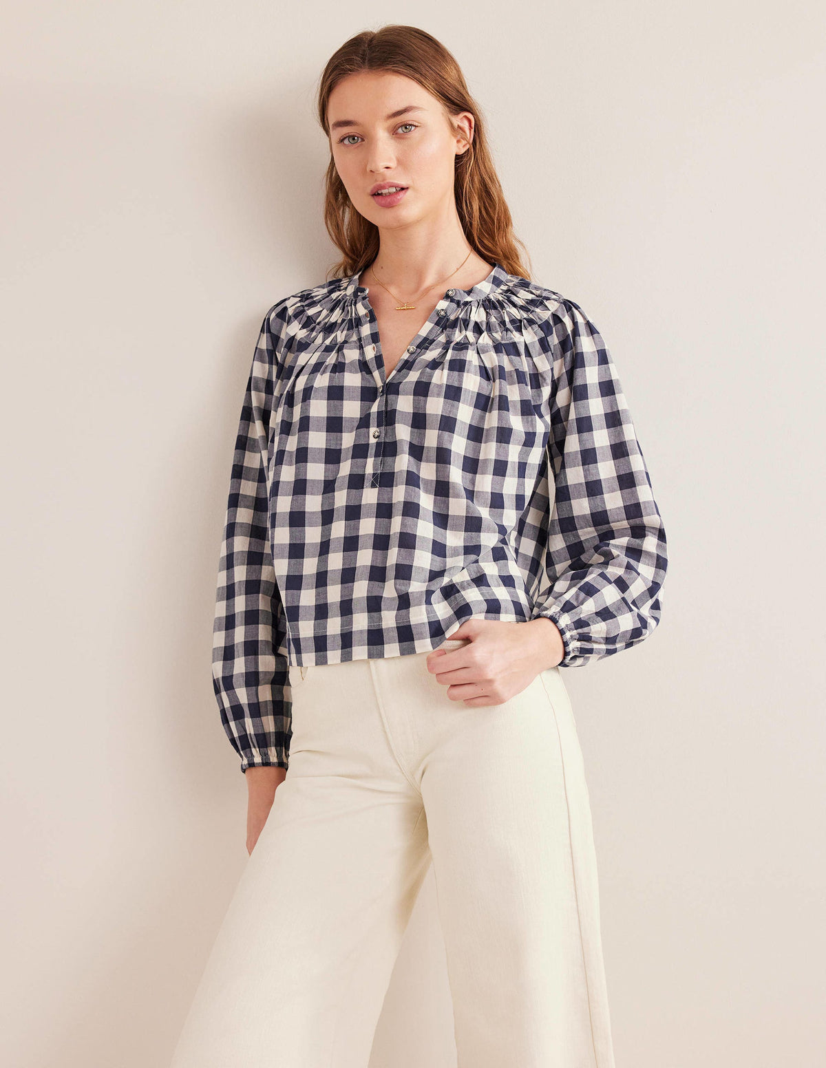 Smocking Detail Blouse-French Navy Gingham-4