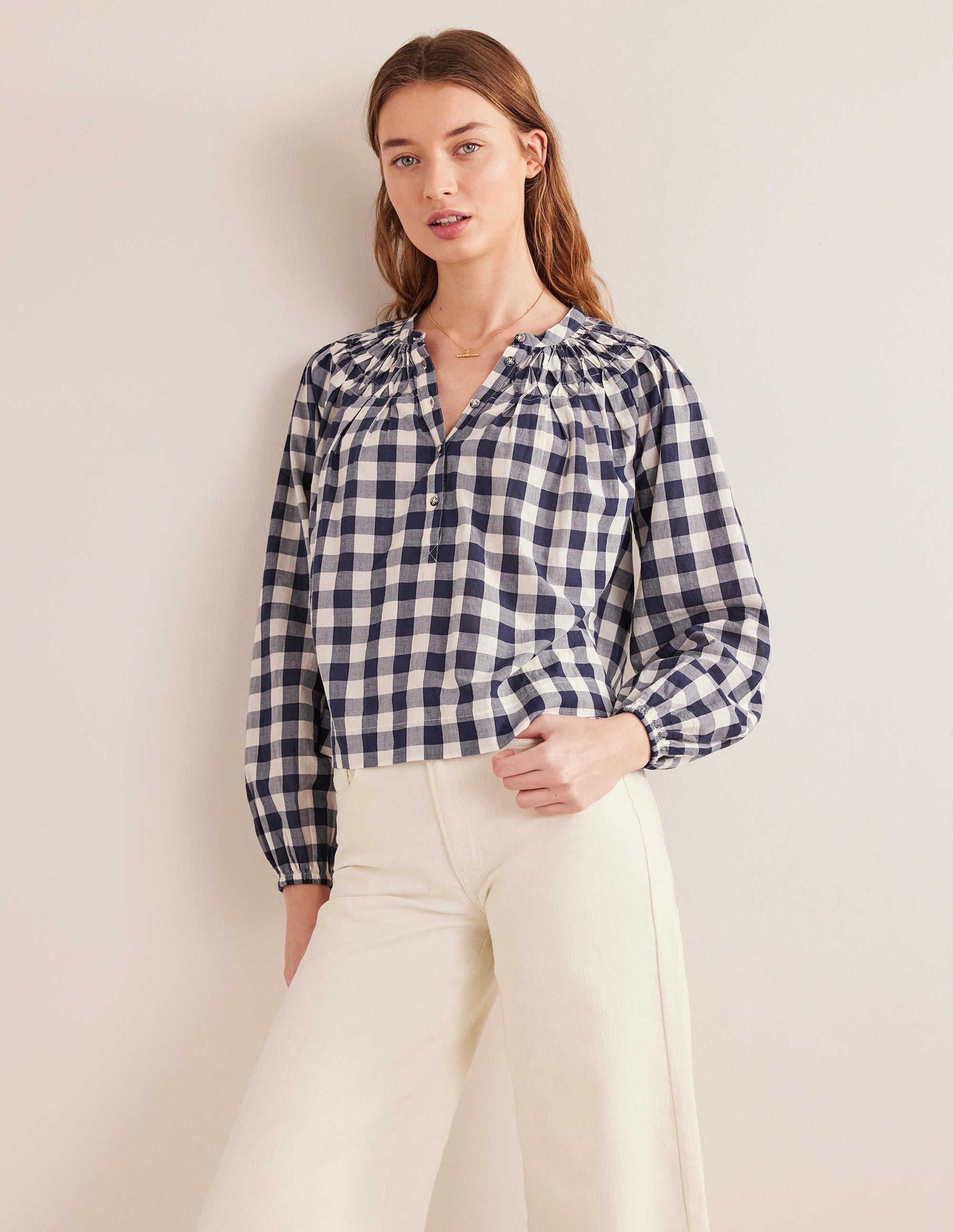 Smocking Detail Blouse-French Navy Gingham - Image 4