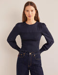 Top en coton avec corsage à smocks-Bleu marine